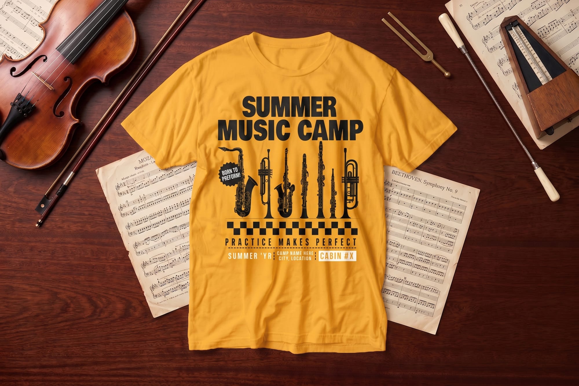 Yellow "Summer Music Camp" t-shirt on a wooden surface, surrounded by a violin, sheet music, a metronome, and a tuning fork, conveying a musical theme.