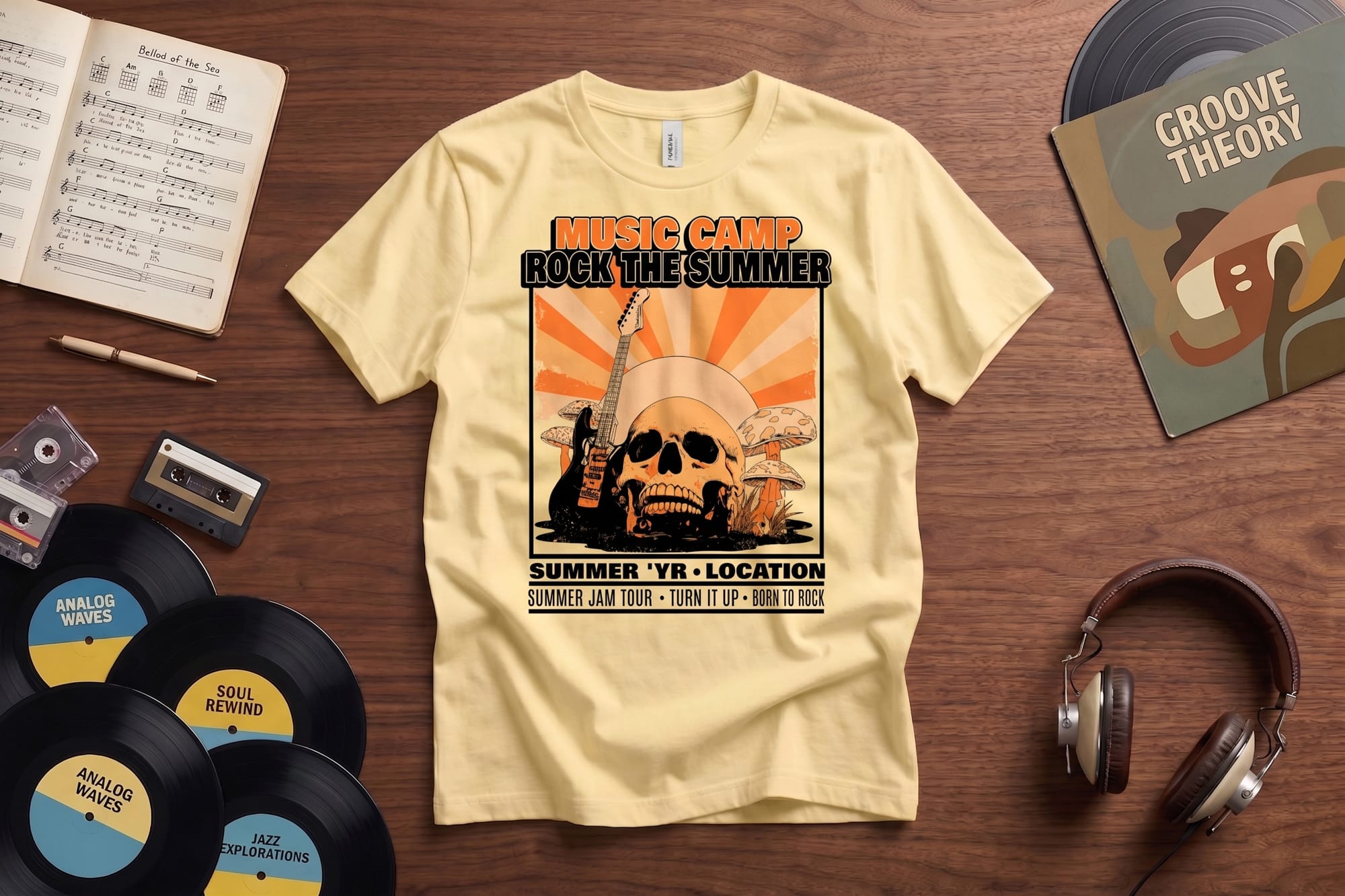 Yellow t-shirt with a "Music Camp Rock the Summer" graphic featuring a skull, guitars, sunburst background, and event details, displayed on a wooden table with records, headphones, and sheet music.