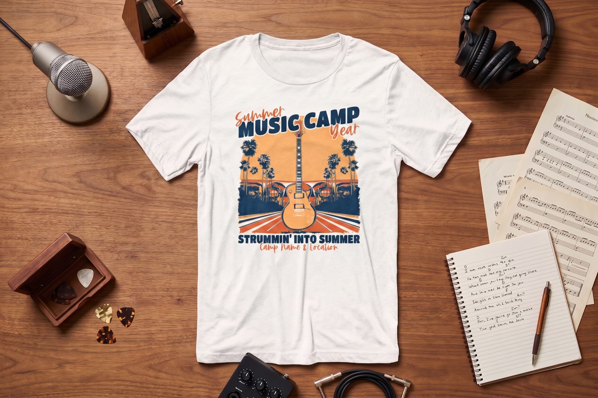 A white t-shirt with a "Summer Music Camp" graphic featuring a guitar, palm trees, and sunset, laid on a wooden table with music items and a notebook.