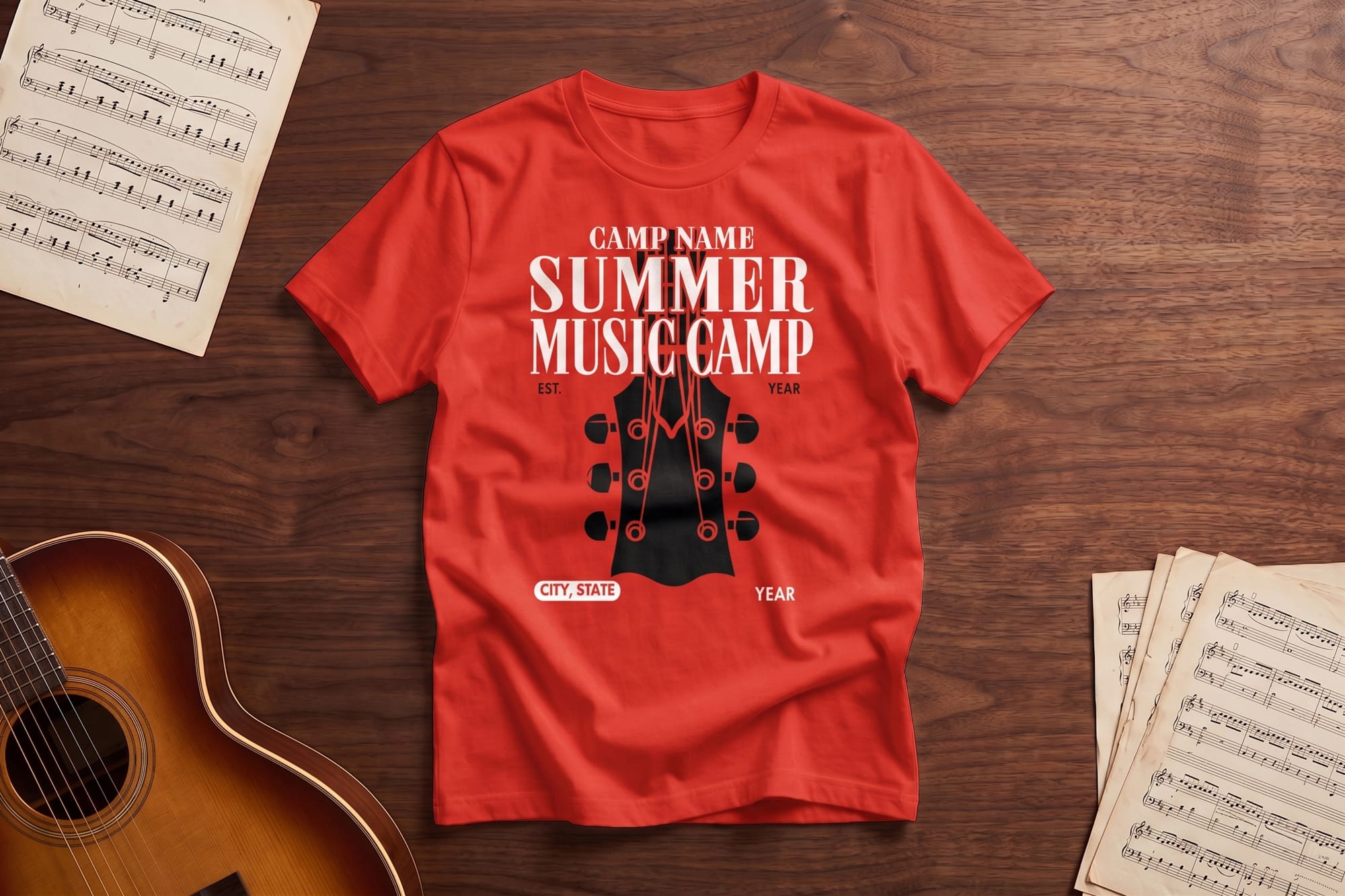 A red t-shirt adorned with a guitar graphic and scattered music notes.