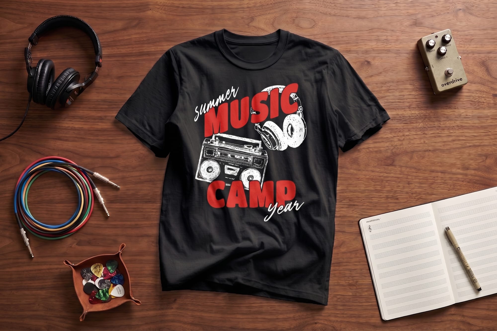 Music camp t-shirt featuring headphones and various musical items, showcasing a vibrant design for participants.