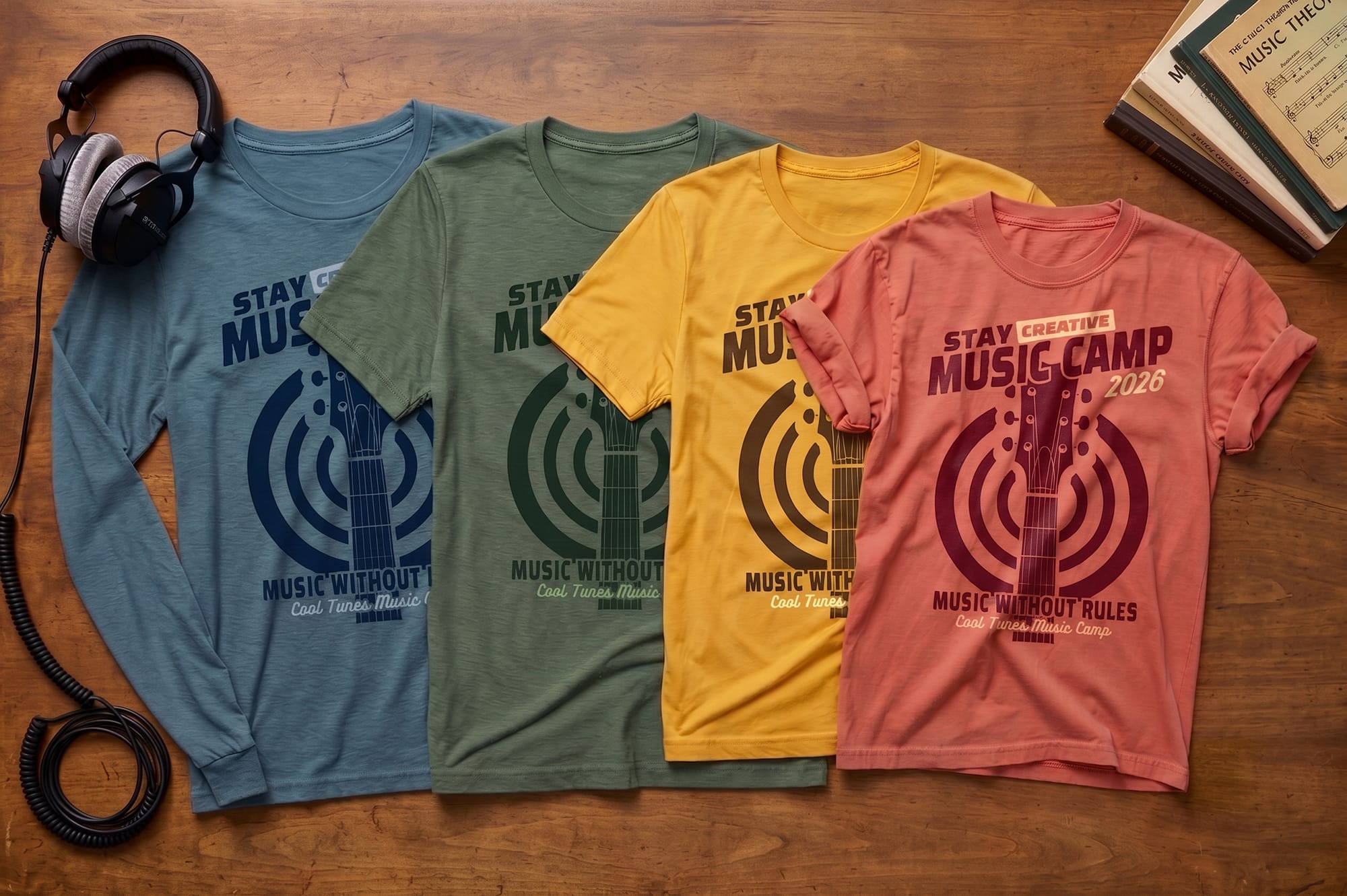 Four different style shirts with the text "Music Camp" showcased in a vibrant design across the front.