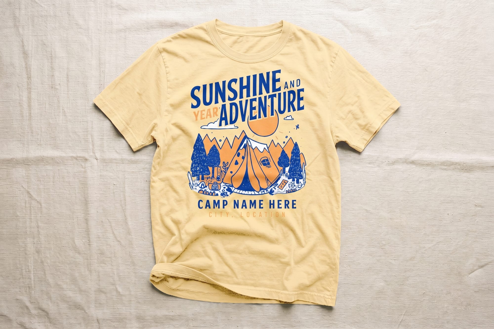 Yellow t-shirt with blue and orange graphics of a tent, mountains, and trees. Text reads "Sunshine and Adventure," with customizable camp details.