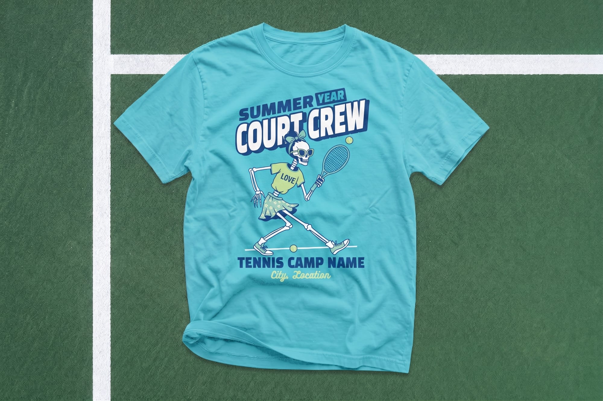 Blue T-shirt on a tennis court with a cartoon skeleton playing tennis. Text reads "Summer Year Court Crew, Tennis Camp Name, City, Location." Fun and sporty tone.