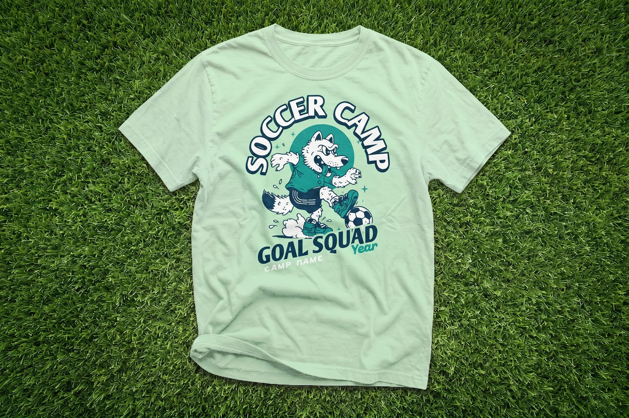 A light green T-shirt lies on grass, featuring a playful cartoon wolf kicking a soccer ball with the text "Soccer Camp Goal Squad" in bold letters.
