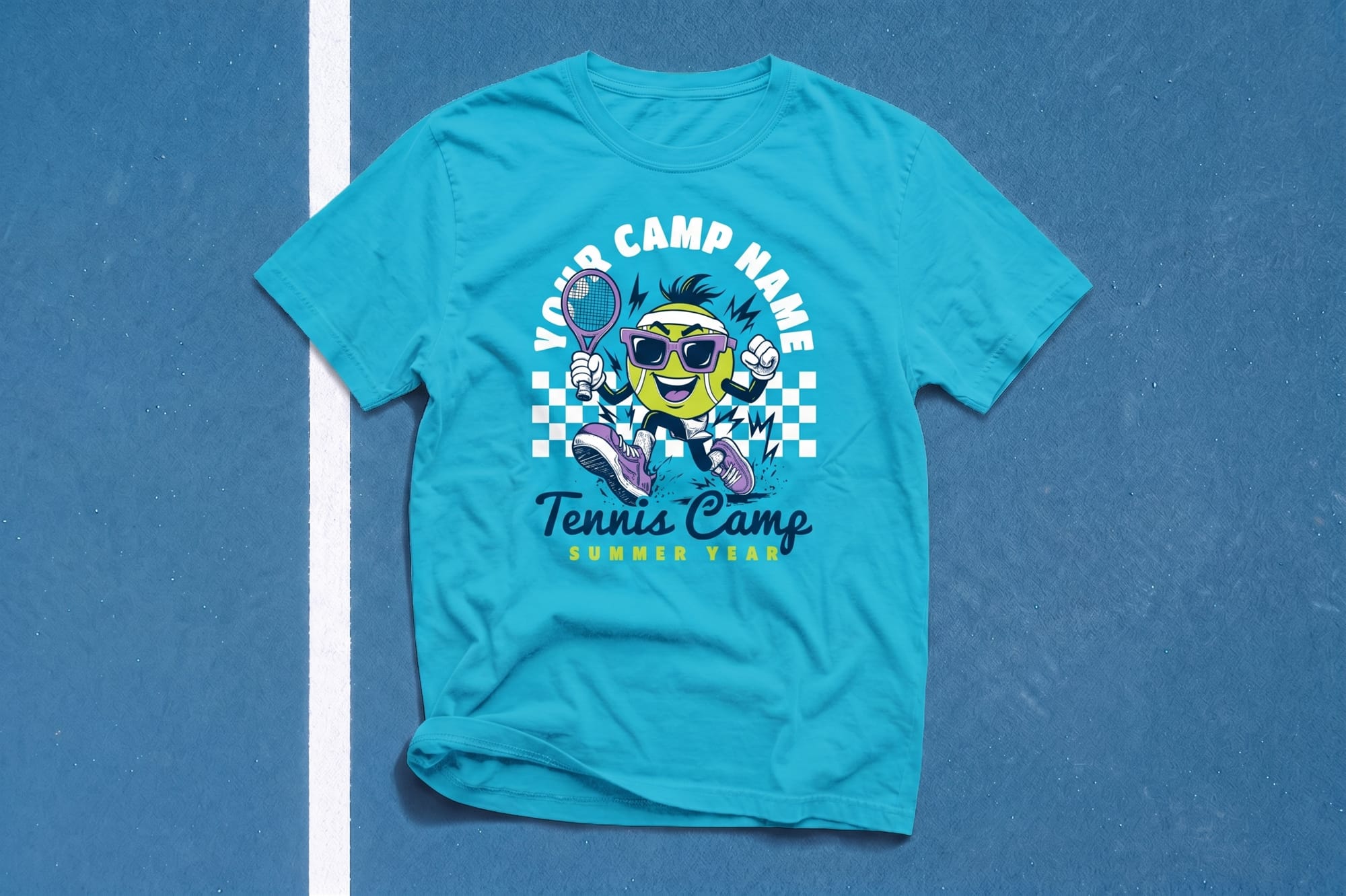 Turquoise T-shirt with a cartoon tennis ball character wearing sunglasses, holding a racket. Text reads "Your Camp Name, Tennis Camp, Summer Year" in playful font.