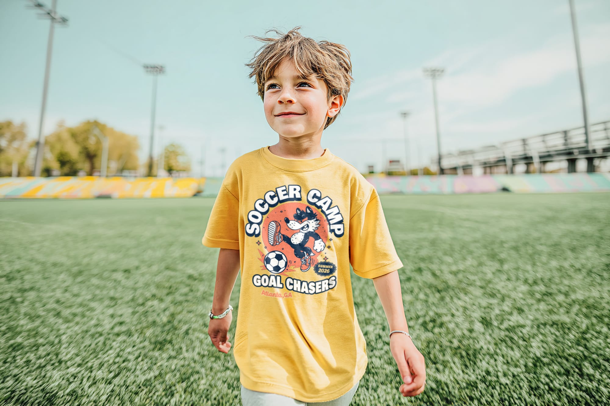 A young boy in a yellow "Soccer Camp Goal Chasers" T-shirt smiles confidently on a sunny sports field. The background features blurred stadium seating.