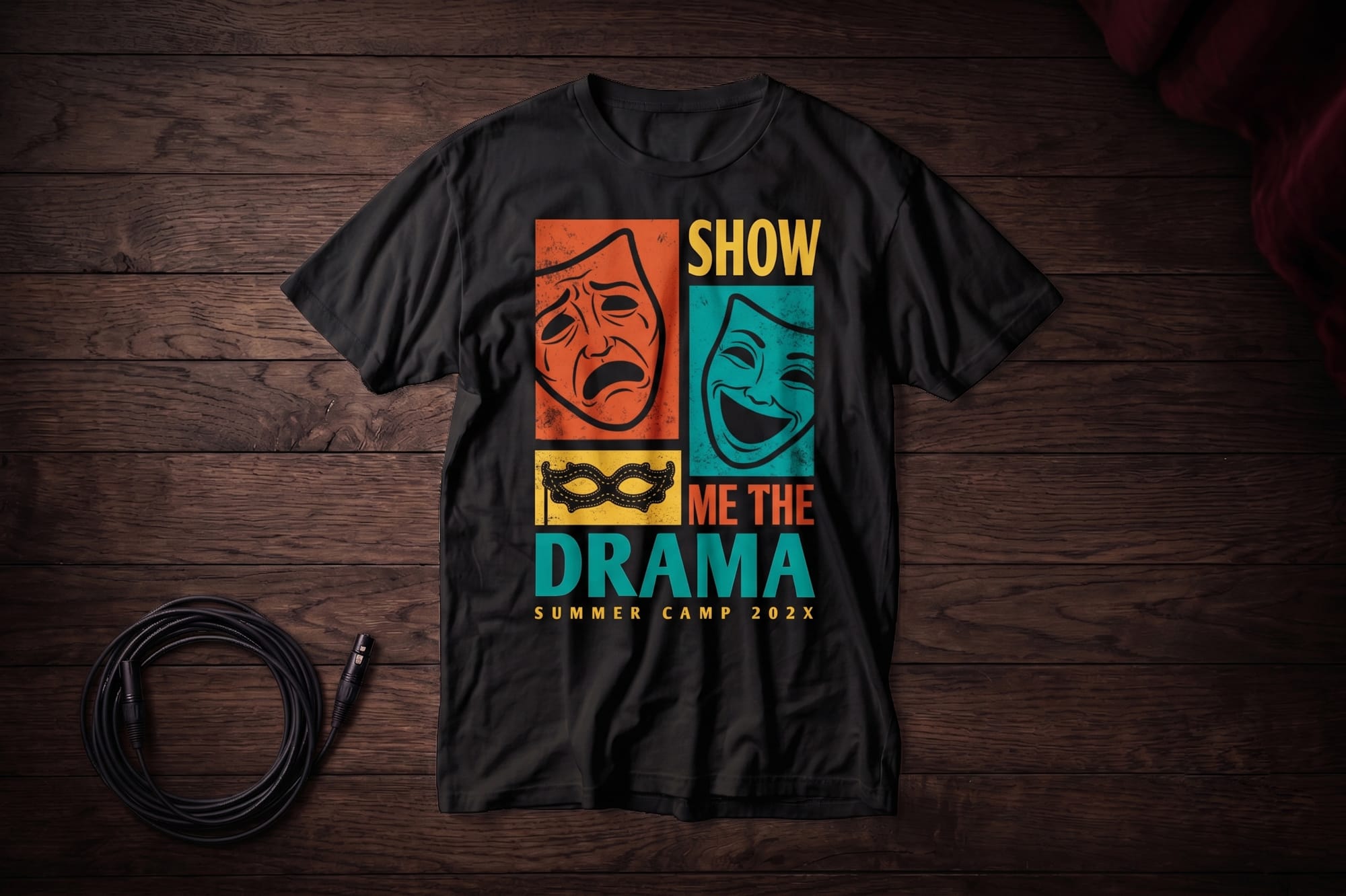 Black custom t-shirt with retro theater masks and 'Show Me the Drama Summer Camp' screen-printed design