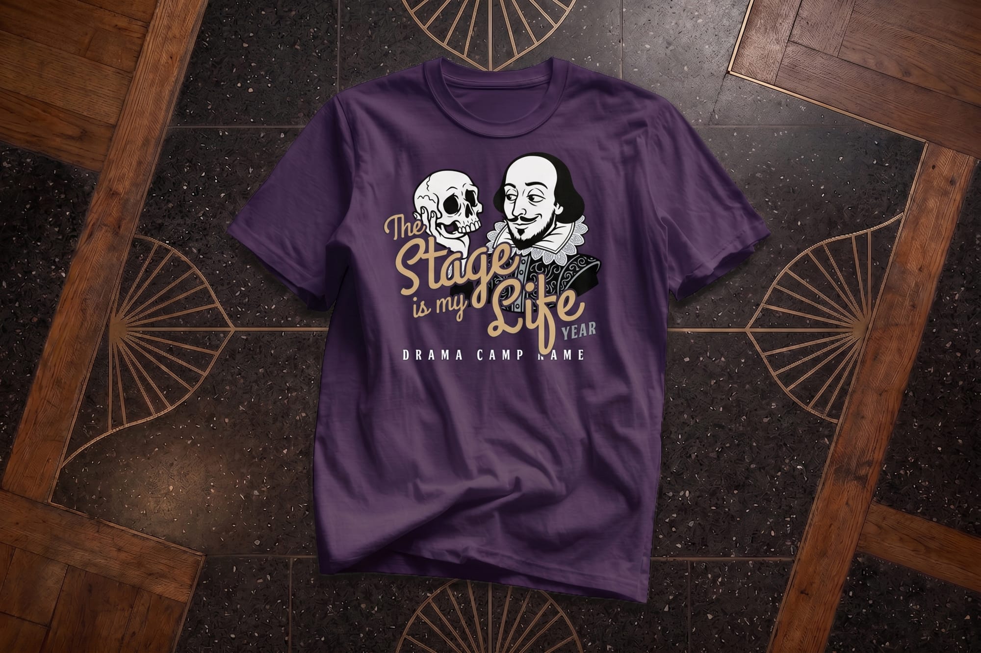 Purple custom drama camp t-shirt with Shakespeare illustration and 'The Stage is My Life' screen-printed design