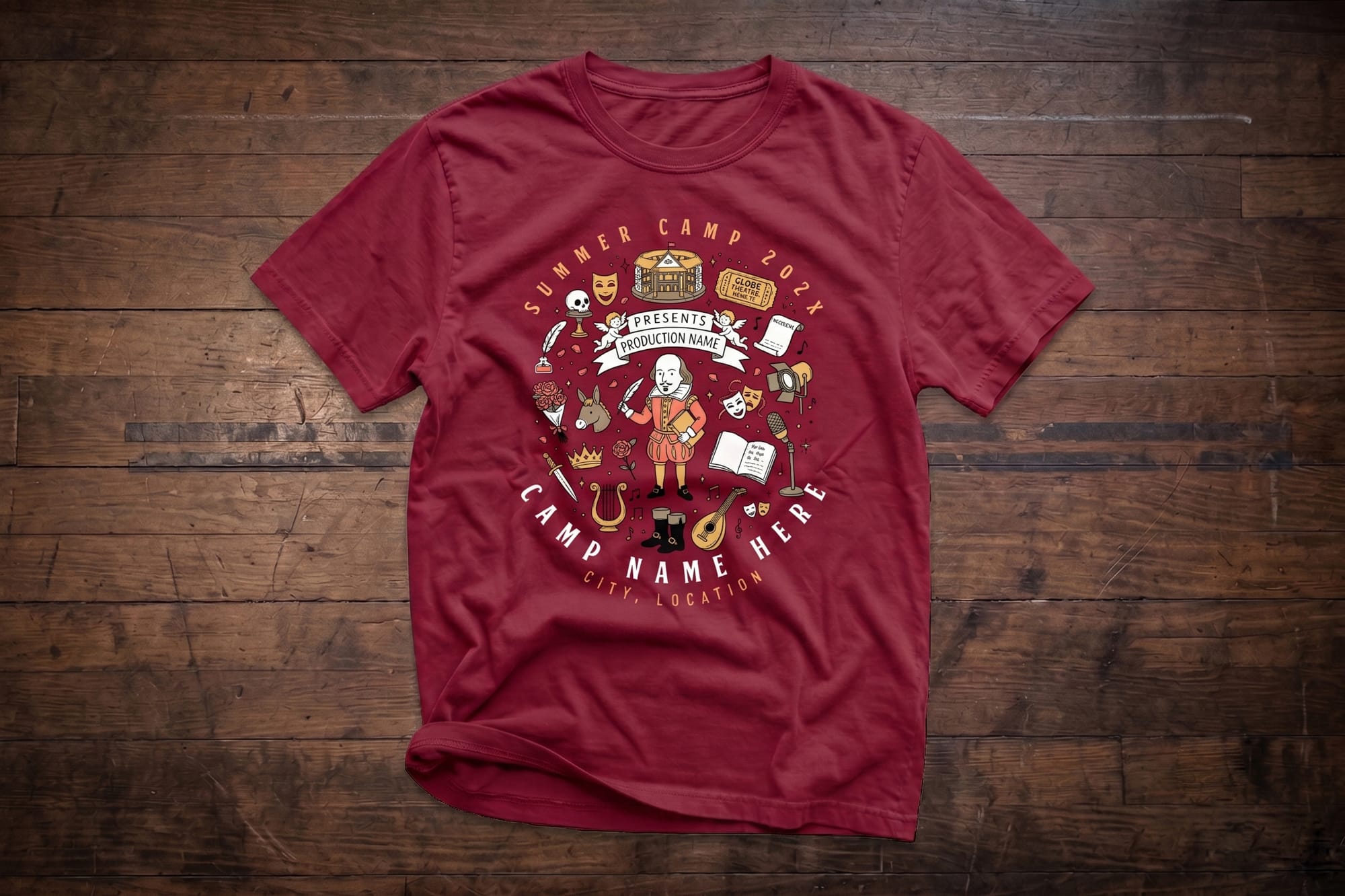 Crimson custom t-shirt with a Shakespeare theater camp screen-printed design featuring illustrated drama icons and placeholder text