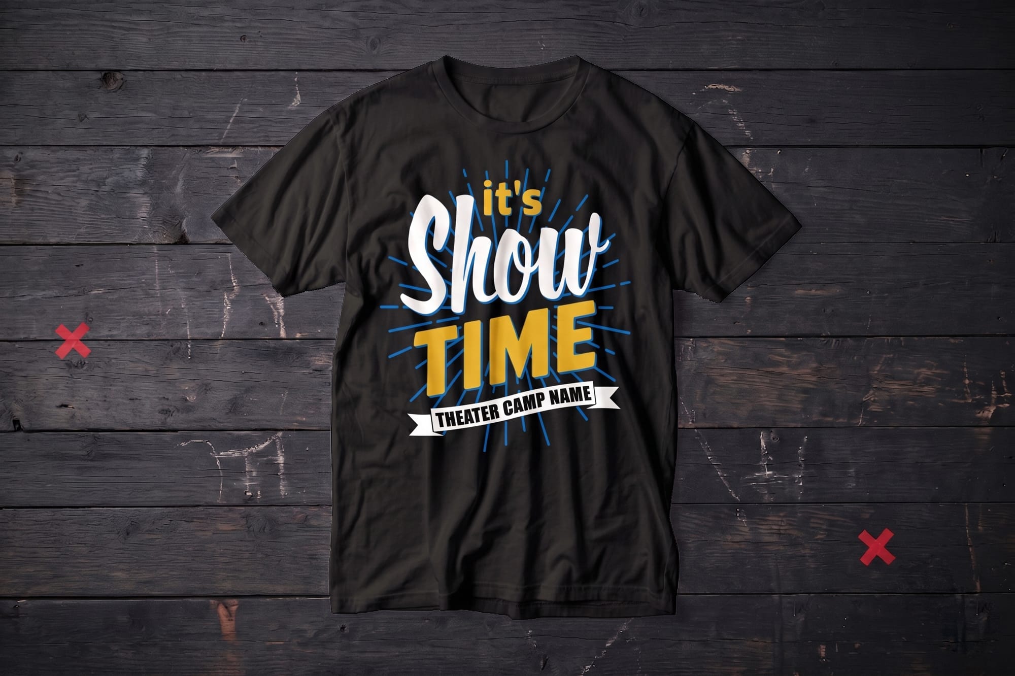 Black custom t-shirt with 'it's Show TIME' screen-printed design in white and gold, theater camp placeholder text on banner