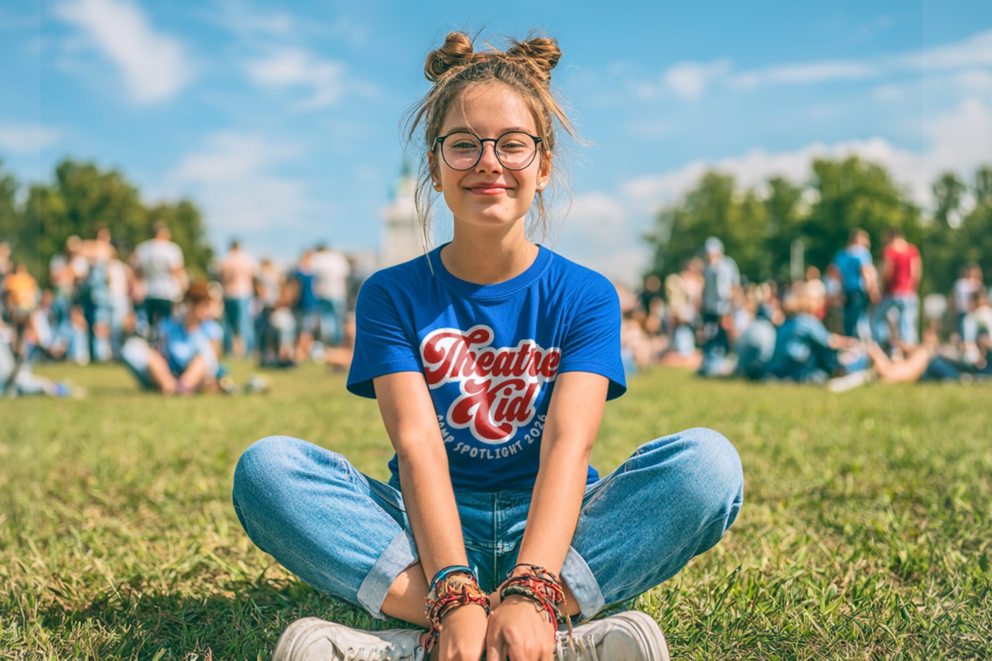 Girl wearing a royal blue custom screen-printed 'Theatre Kid' t-shirt at an outdoor youth camp event