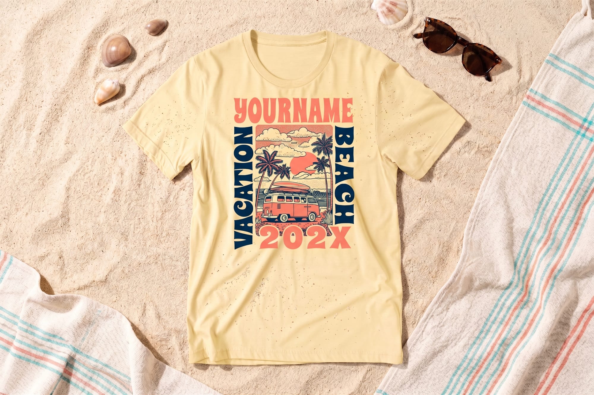Butter yellow crewneck tee laid flat on sand, custom-printed retro beach vacation design with a surf van and palm trees