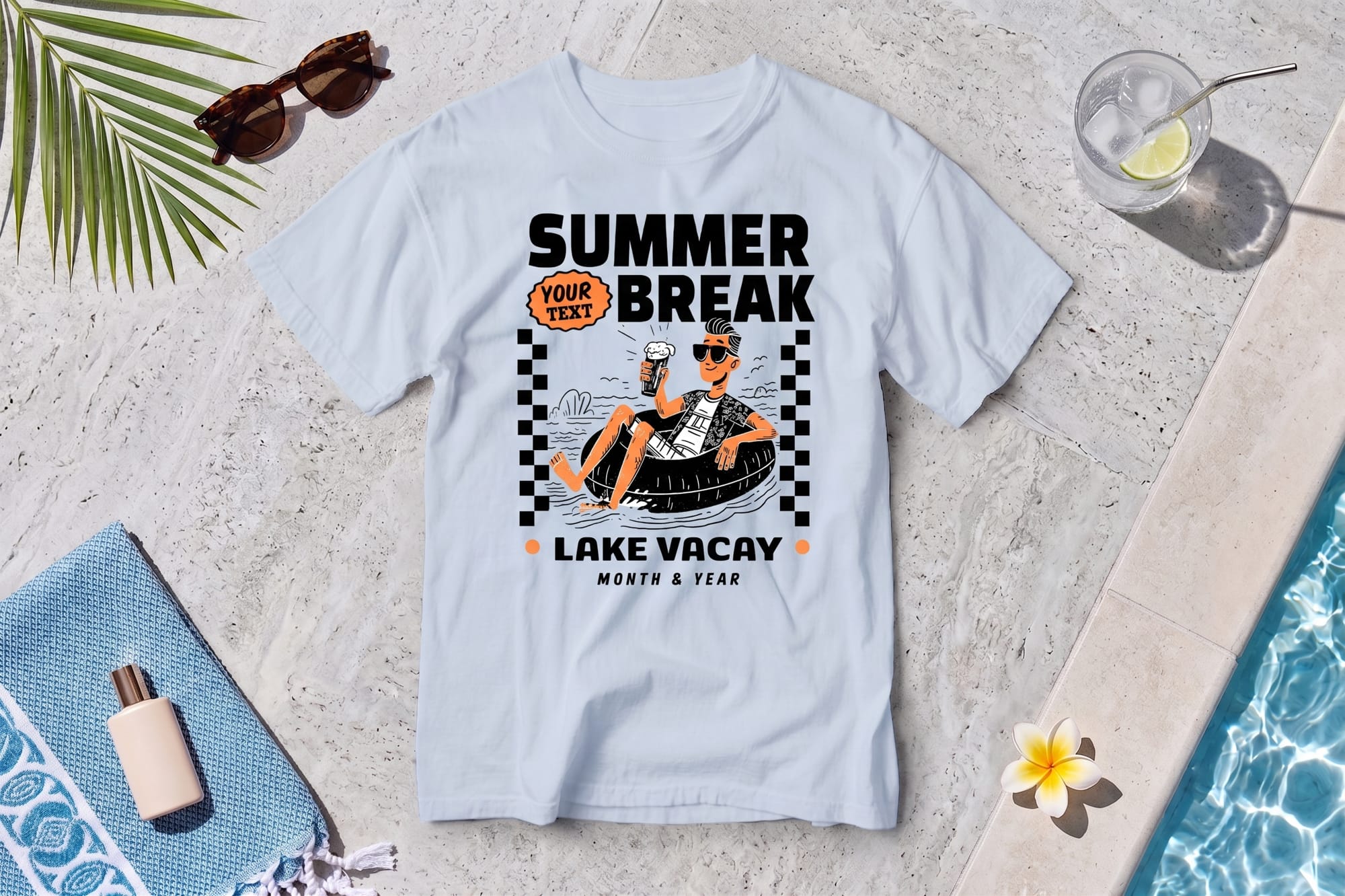 Light blue crewneck tee with a retro 'Summer Break Lake Vacay' custom print featuring a man floating in a pool tube