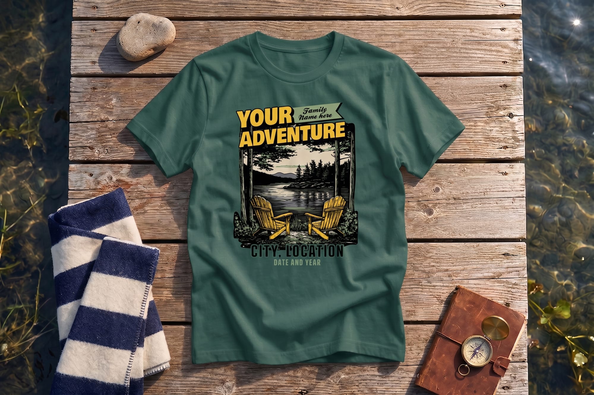 Sage green custom adventure t-shirt with retro lake scene print, laid flat on a wooden dock with a towel and compass