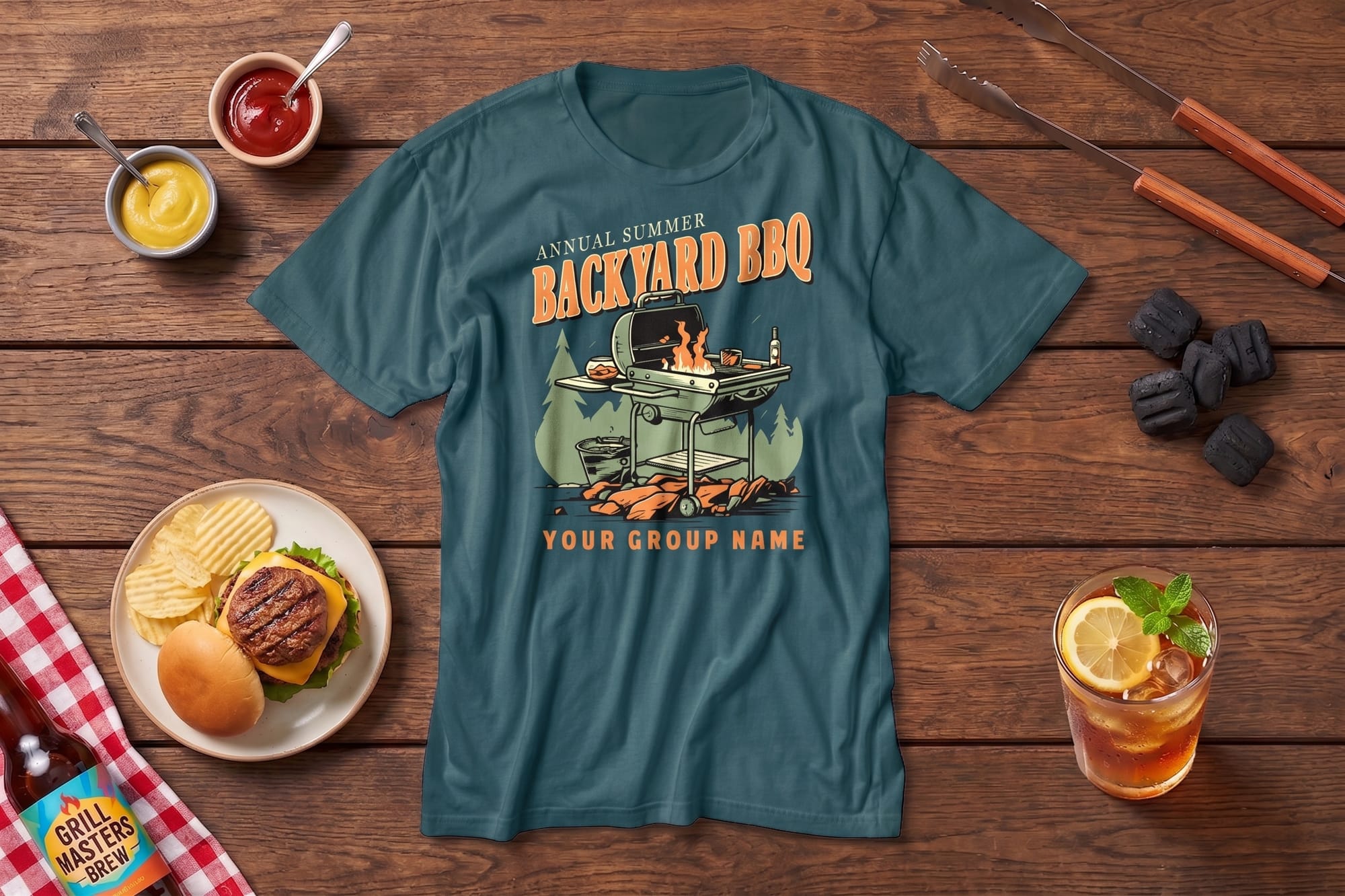 Steel blue crewneck tee with a retro BBQ grill illustration and 'Annual Summer Backyard BBQ' text, styled on a wood surface with cookout props