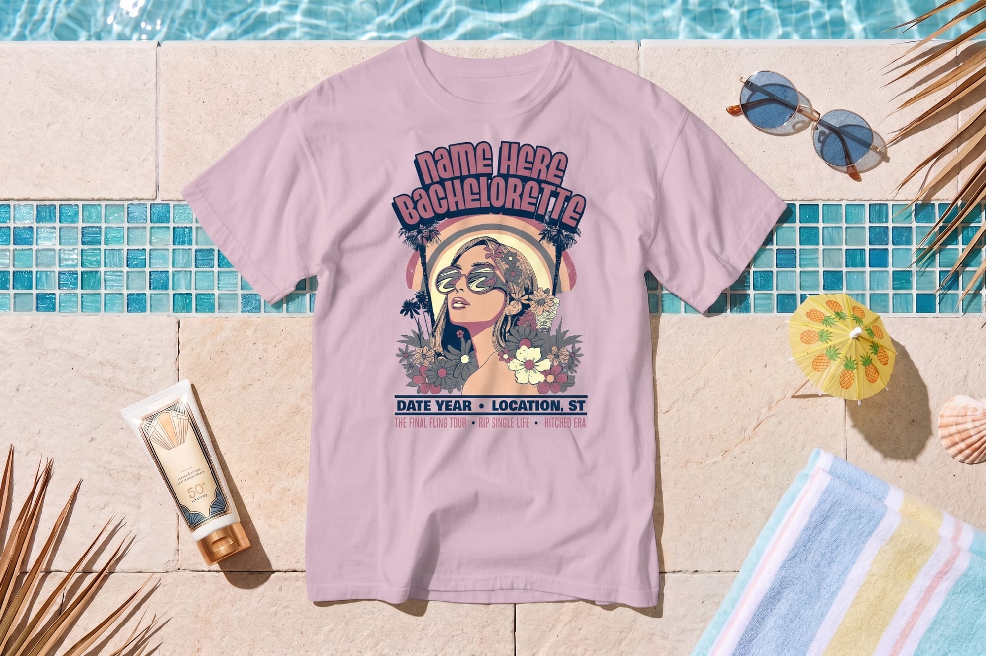 Light pink custom bachelorette t-shirt with retro tropical graphic and placeholder name, date, and location text
