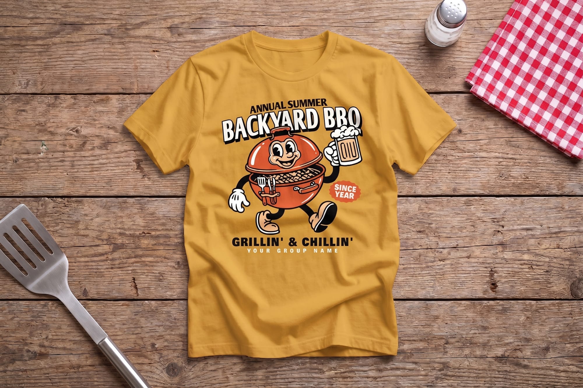 Gold crewneck t-shirt with a retro cartoon grill mascot and 'Annual Summer Backyard BBQ' custom print