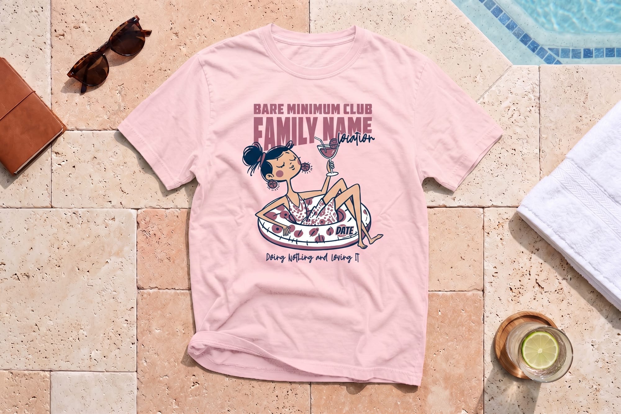 Light pink custom crewneck tee with a humorous poolside illustration and 'Bare Minimum Club' family reunion design
