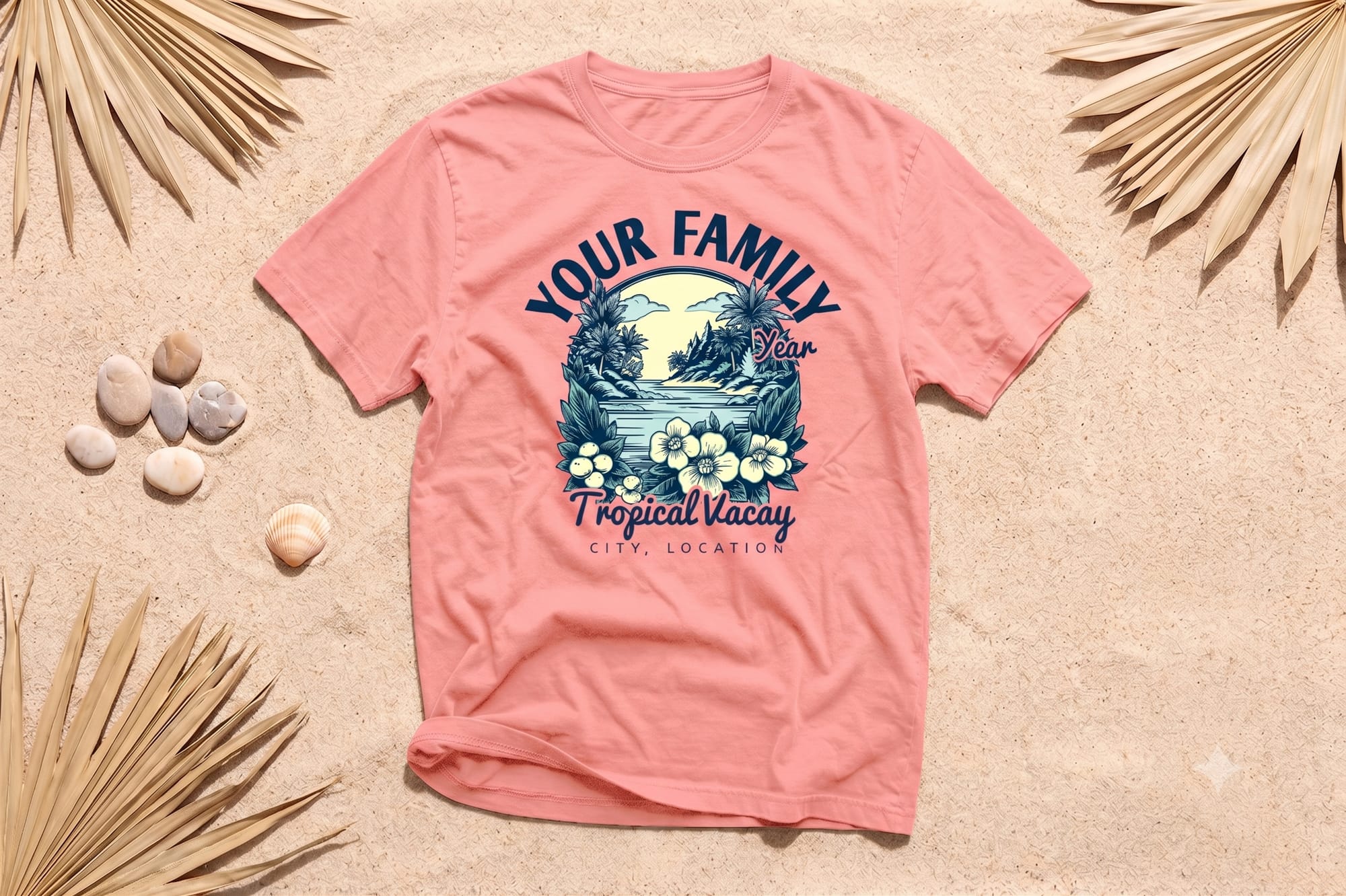 Coral crewneck tee with a custom-printed tropical beach scene and 'Your Family Tropical Vacay' design, shown as a flatlay on sand