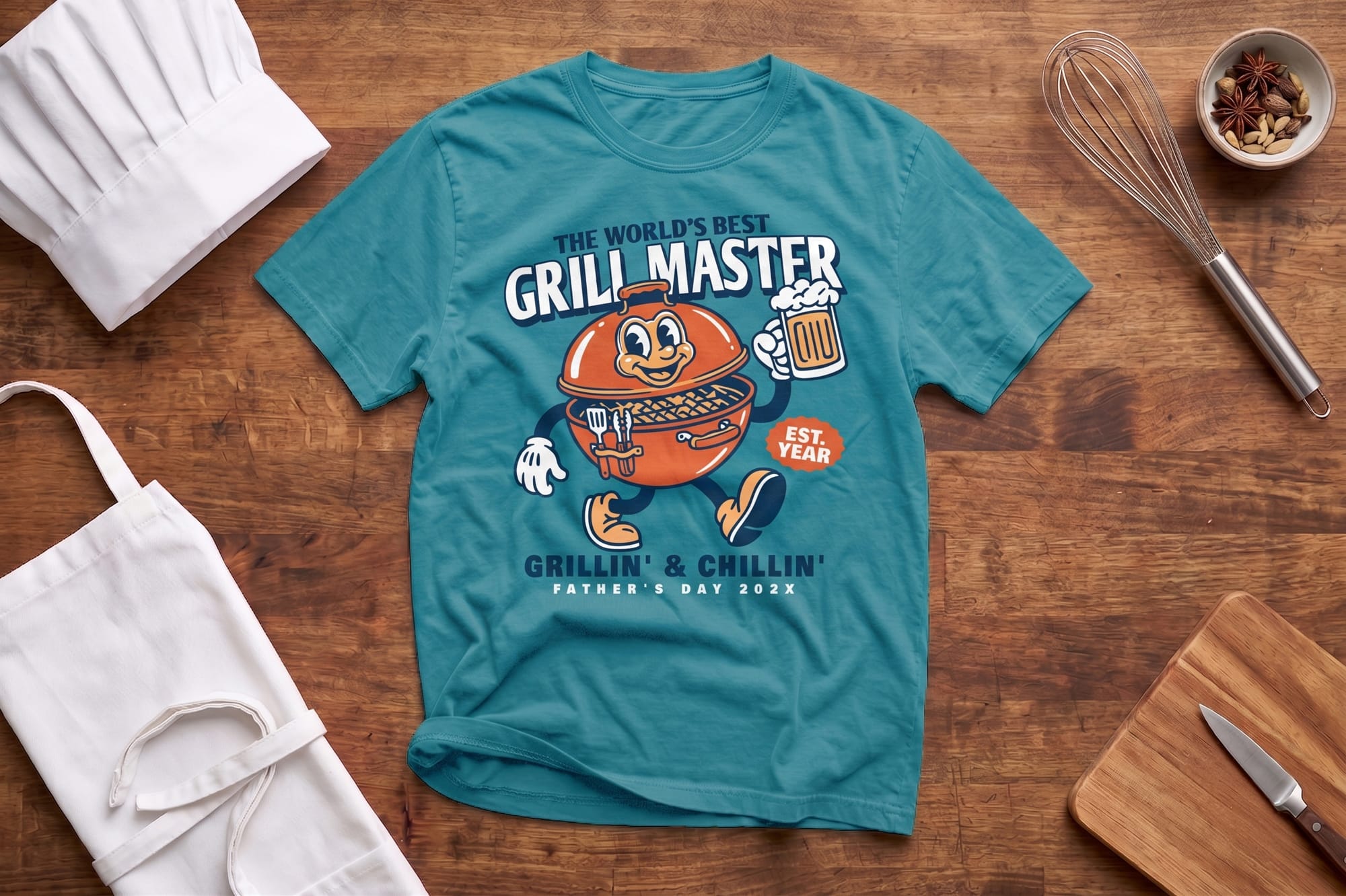 Teal crewneck tee with a retro cartoon grill character and 'The World's Best Grill Master' Father's Day print