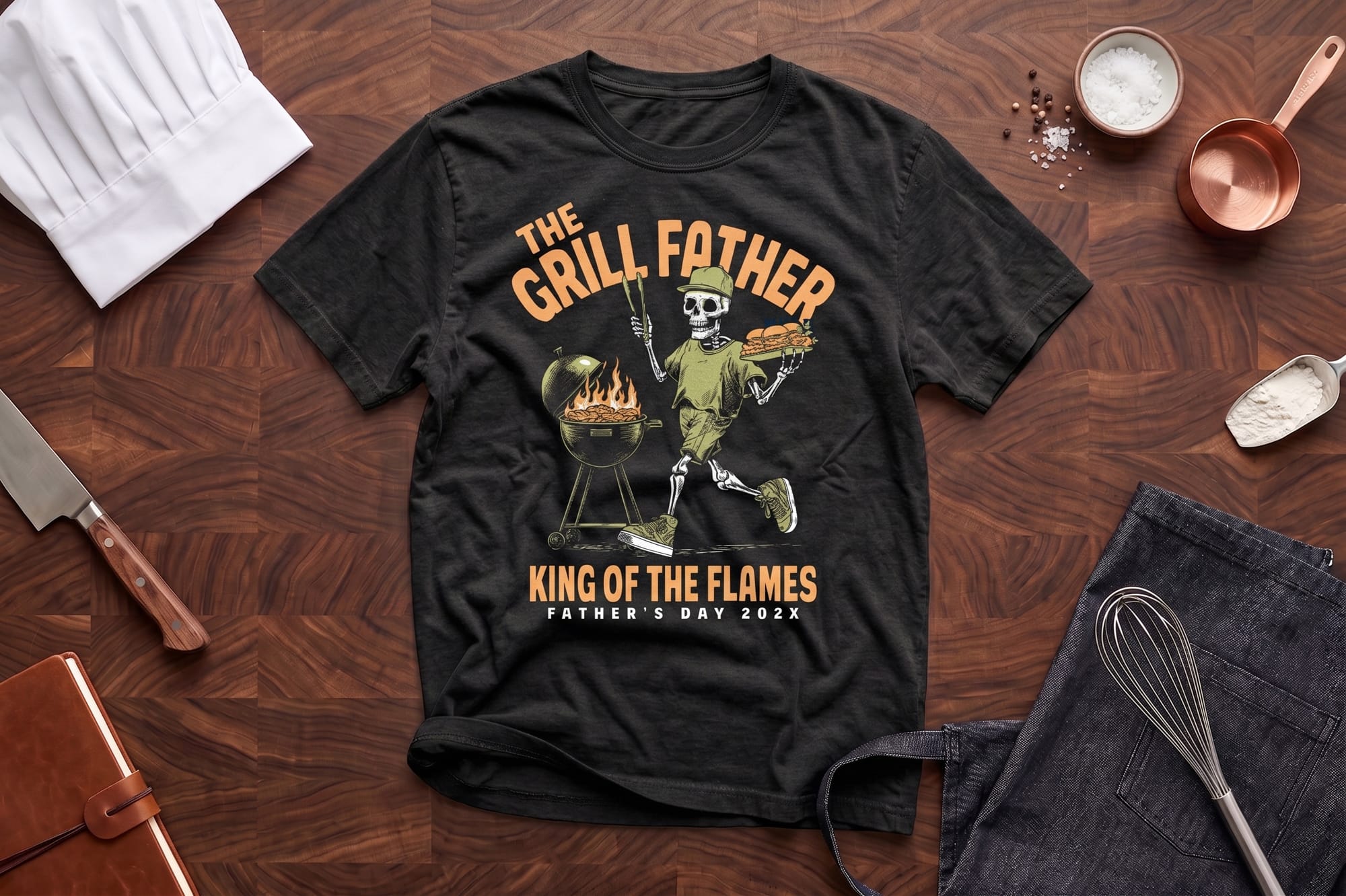 Black crewneck tee with a retro skeleton grilling graphic reading 'The Grill Father — King of the Flames, Father's Day 202X'