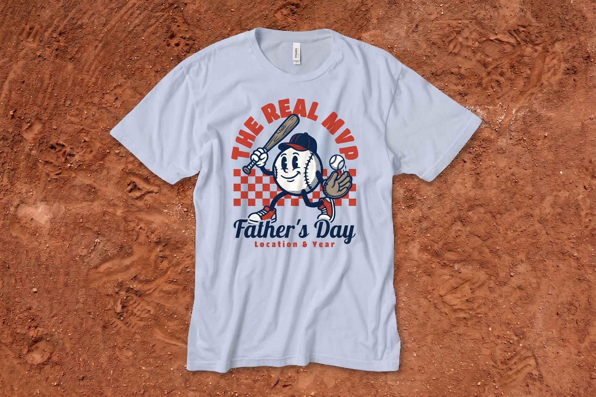 Light blue crewneck tee with a retro baseball mascot and 'The Real MVP Father's Day' custom print
