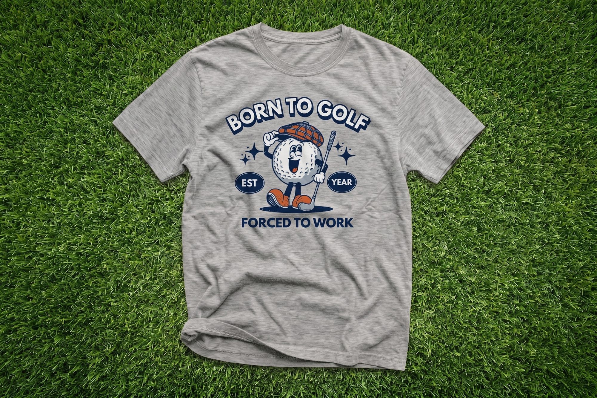 Heather gray crewneck tee with a retro golf ball mascot and 'Born to Golf, Forced to Work' custom-printed design