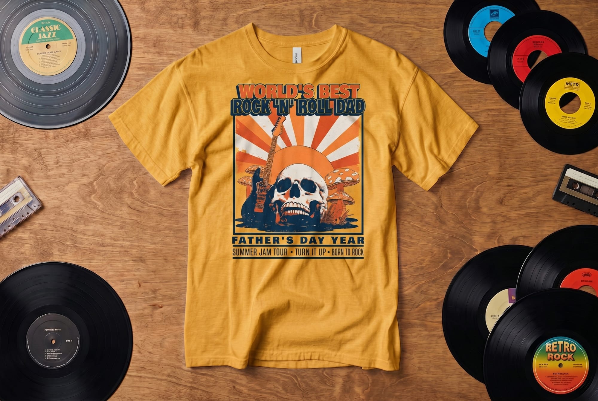Gold crewneck tee with retro rock concert-style print reading 'World's Best Rock 'N' Roll Dad,' styled on a wood surface with vinyl records
