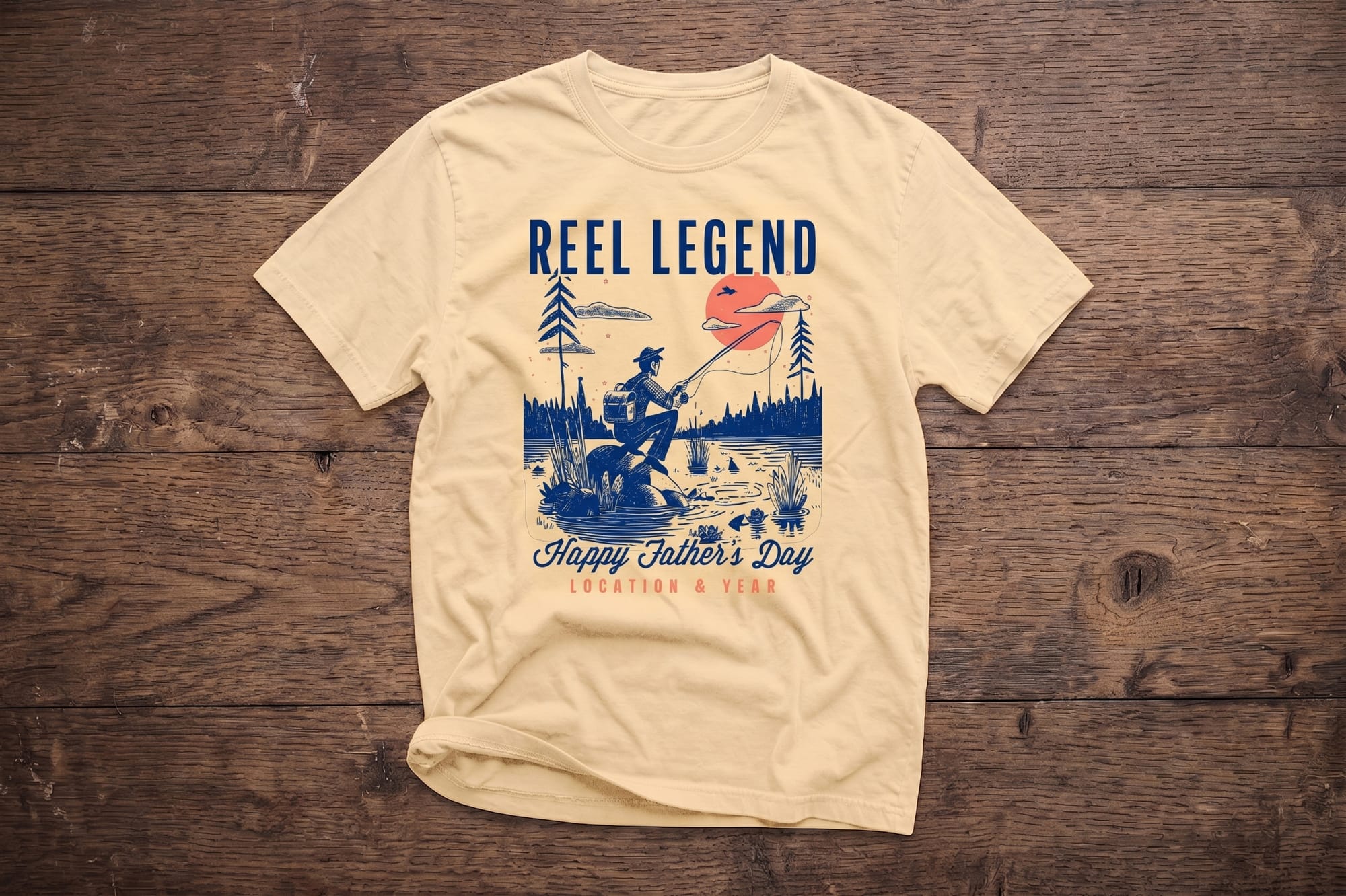 Natural crewneck tee with retro fishing scene and 'Reel Legend — Happy Father's Day' custom print