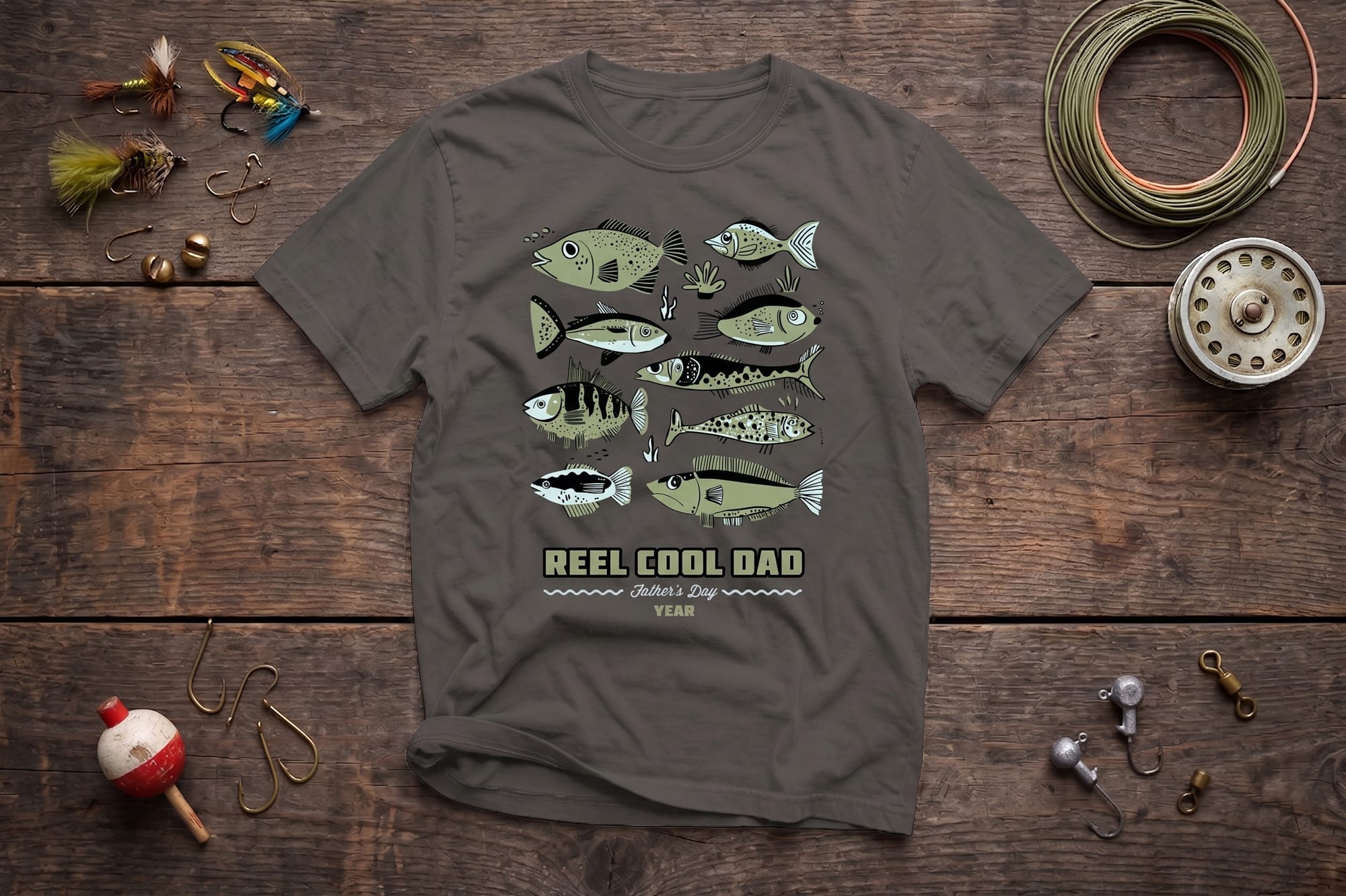Charcoal crewneck tee with illustrated fish and 'Reel Cool Dad Father's Day' custom-printed design, styled on a rustic wood flatlay with fishing gear