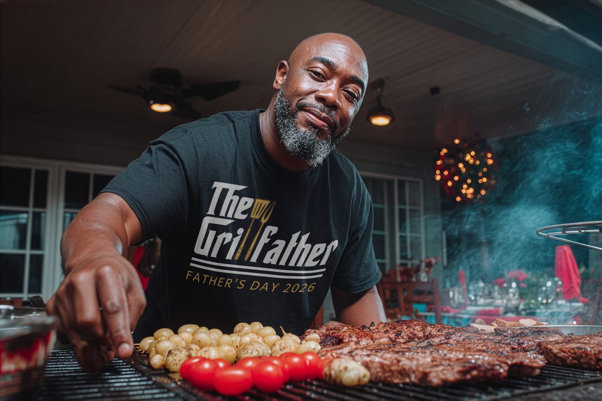 Man grilling outdoors in a black custom-printed 'The Grillfather Father's Day 2026' t-shirt, leaning over a smoky grill loaded with meat and vegetables