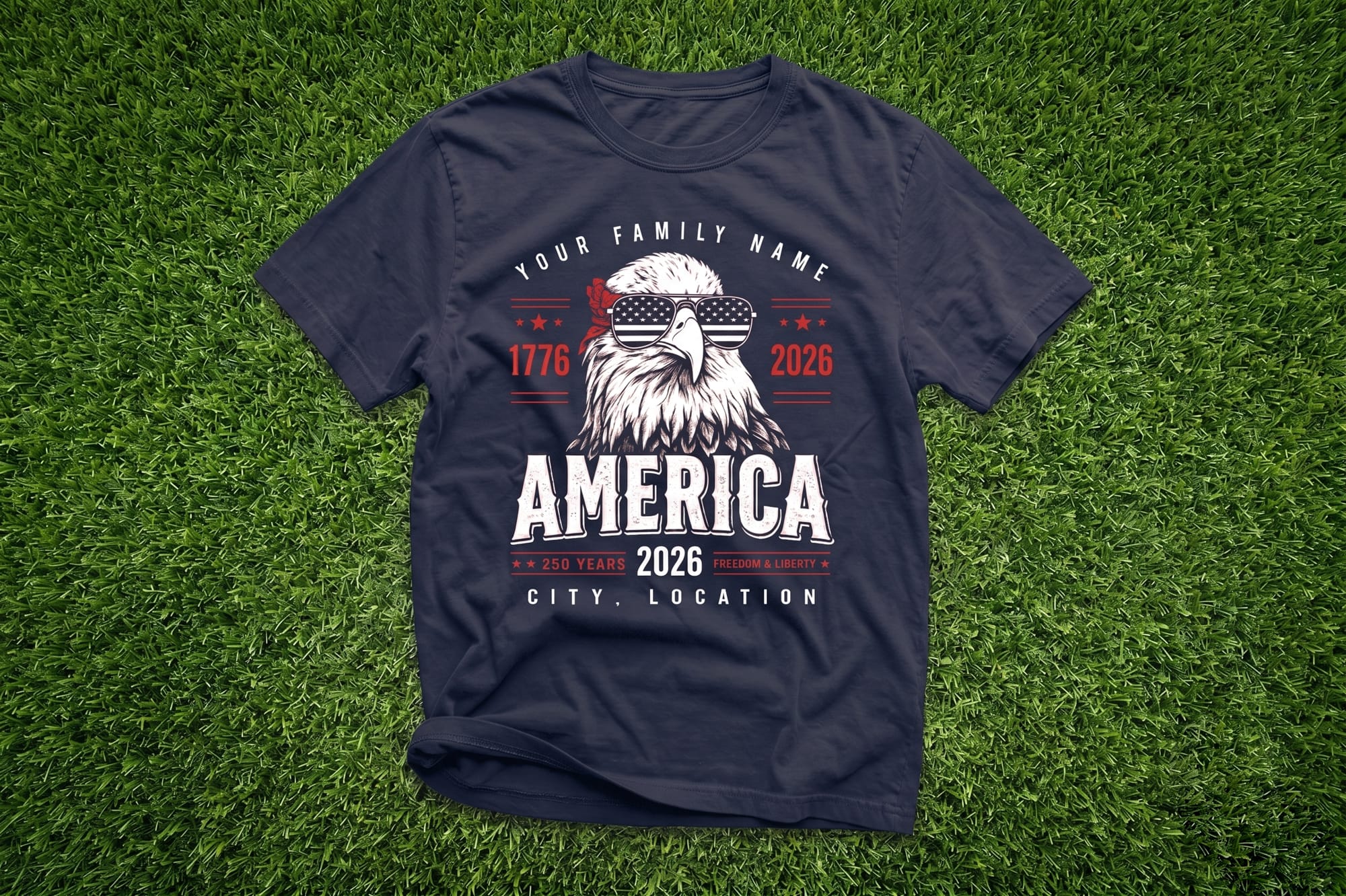 Navy crewneck tee with a patriotic bald eagle graphic reading 'America 1776–2026, 250 Years Freedom & Liberty' — customizable family reunion design