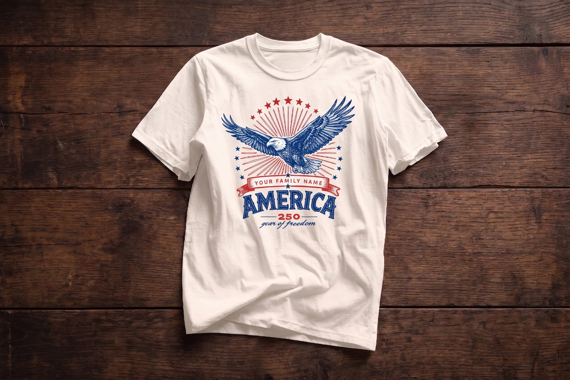 White crewneck tee with a vintage red, white, and blue bald eagle design reading 'America 250 Year of Freedom'