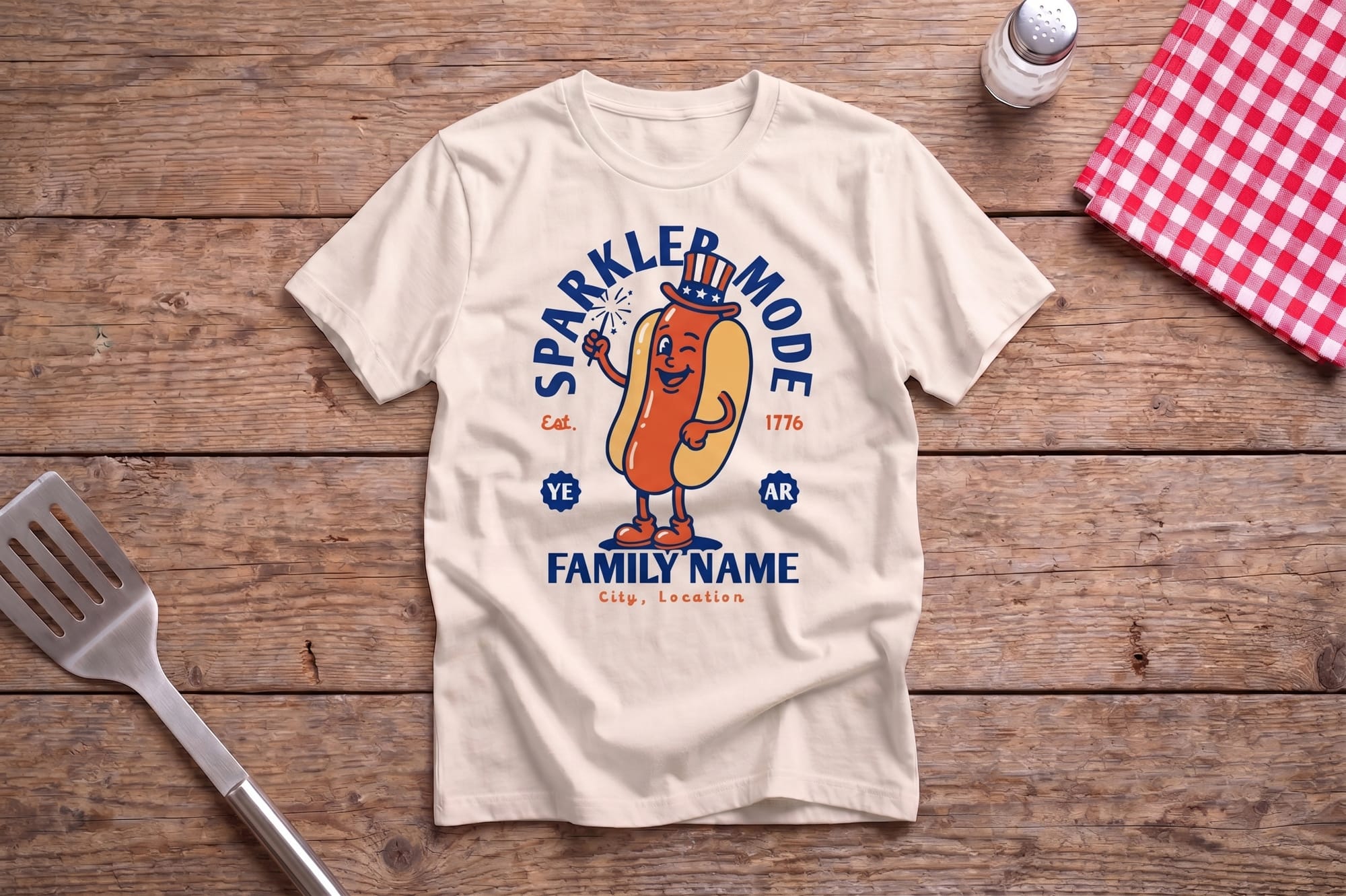 Natural crewneck tee with a retro hot dog mascot and 'Sprarkler Mode Est. 1776' Fourth of July custom family design