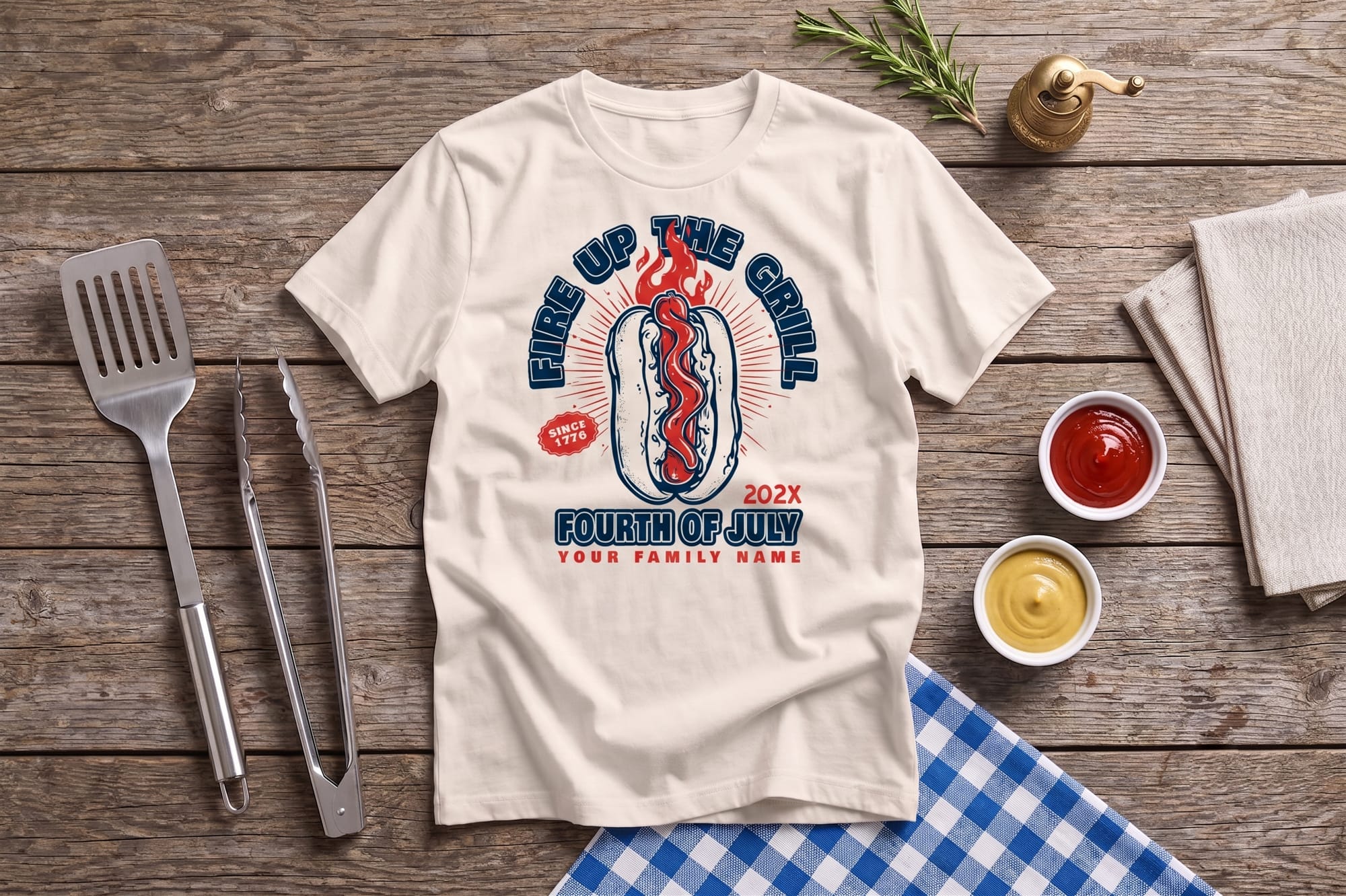 Natural crewneck tee with a retro red, white, and blue 'Fire Up the Grill' Fourth of July hot dog design
