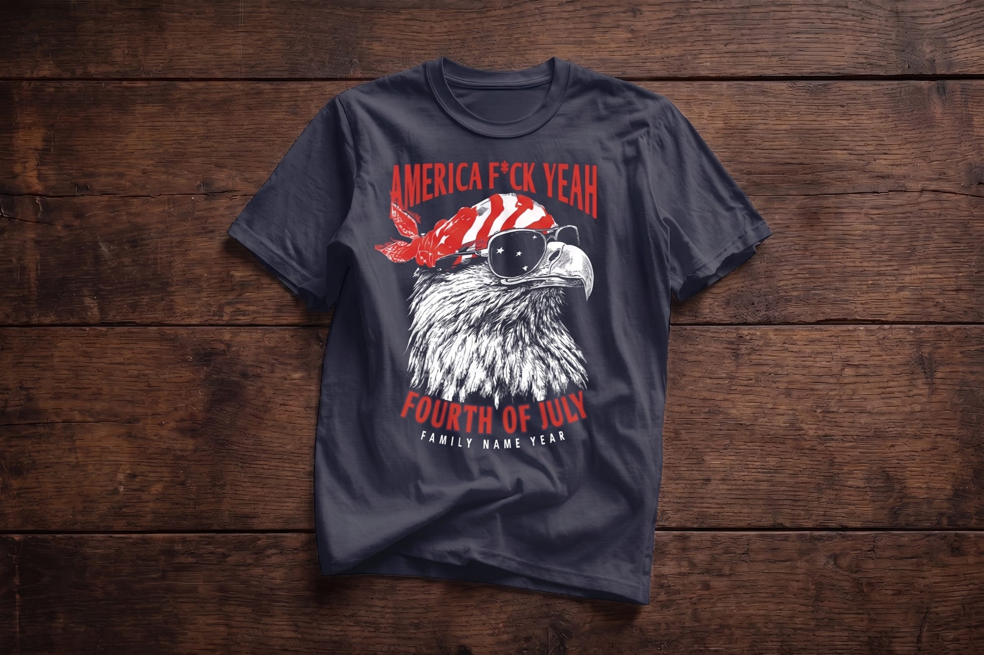 Navy crewneck tee with a patriotic bald eagle graphic and 'Fourth of July' text, customizable with family name and year