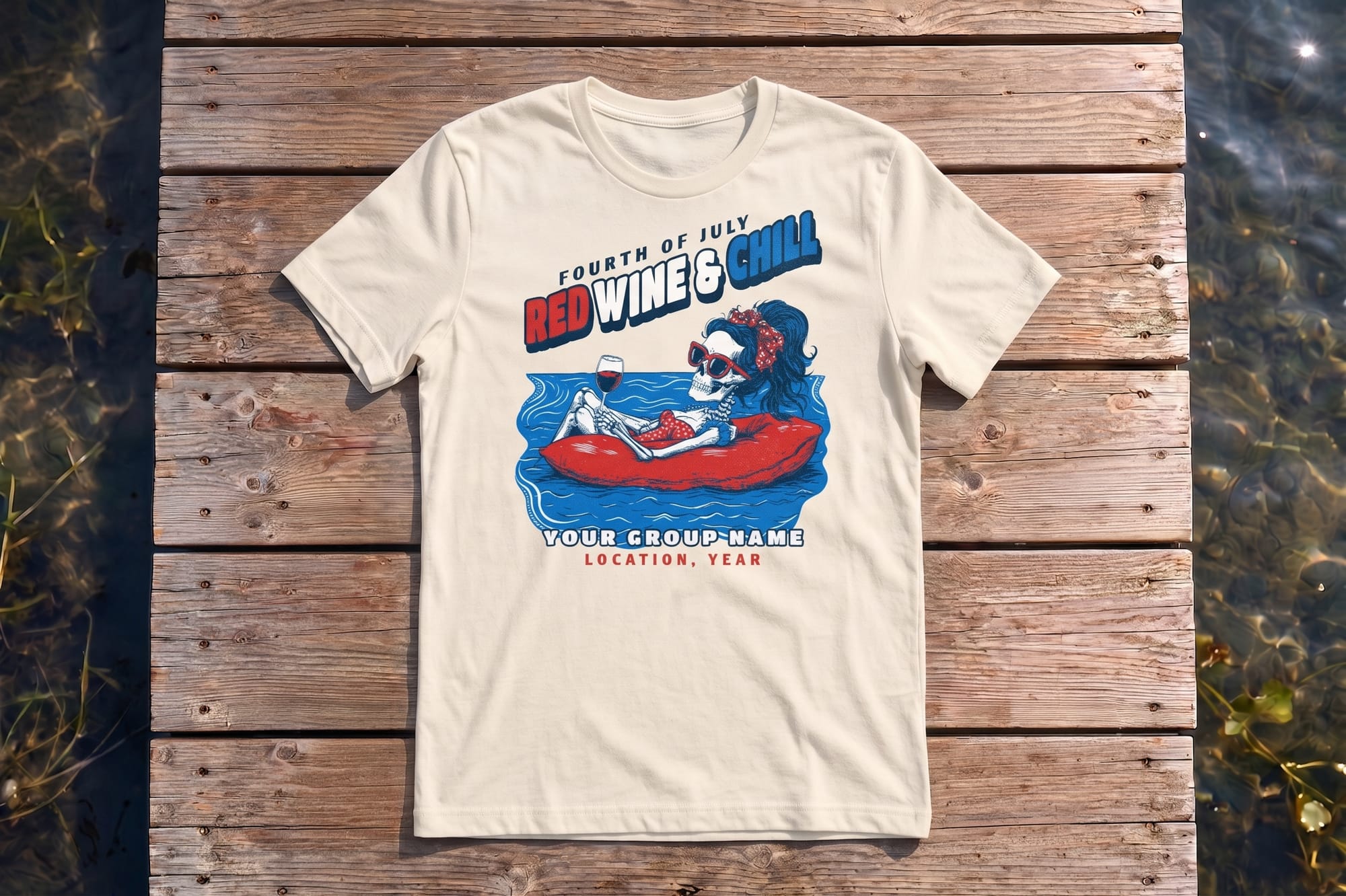 Natural crewneck tee with a red, white, and blue 'Fourth of July Red Wine & Chill' skeleton float design