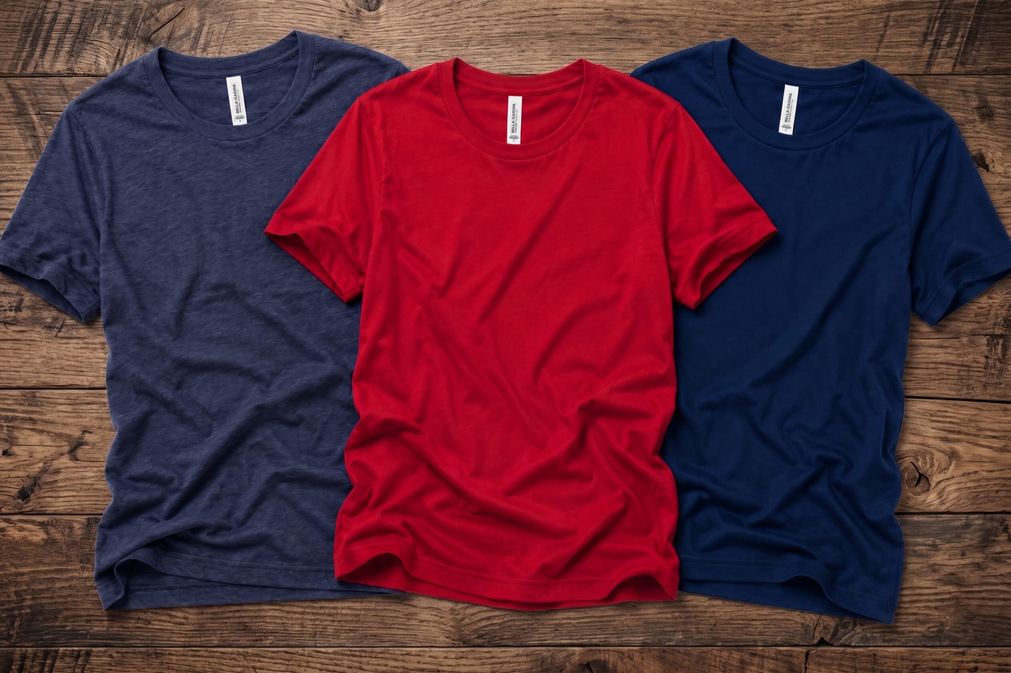 Three blank crewneck t-shirts in heather navy, red, and navy laid flat on a wood surface