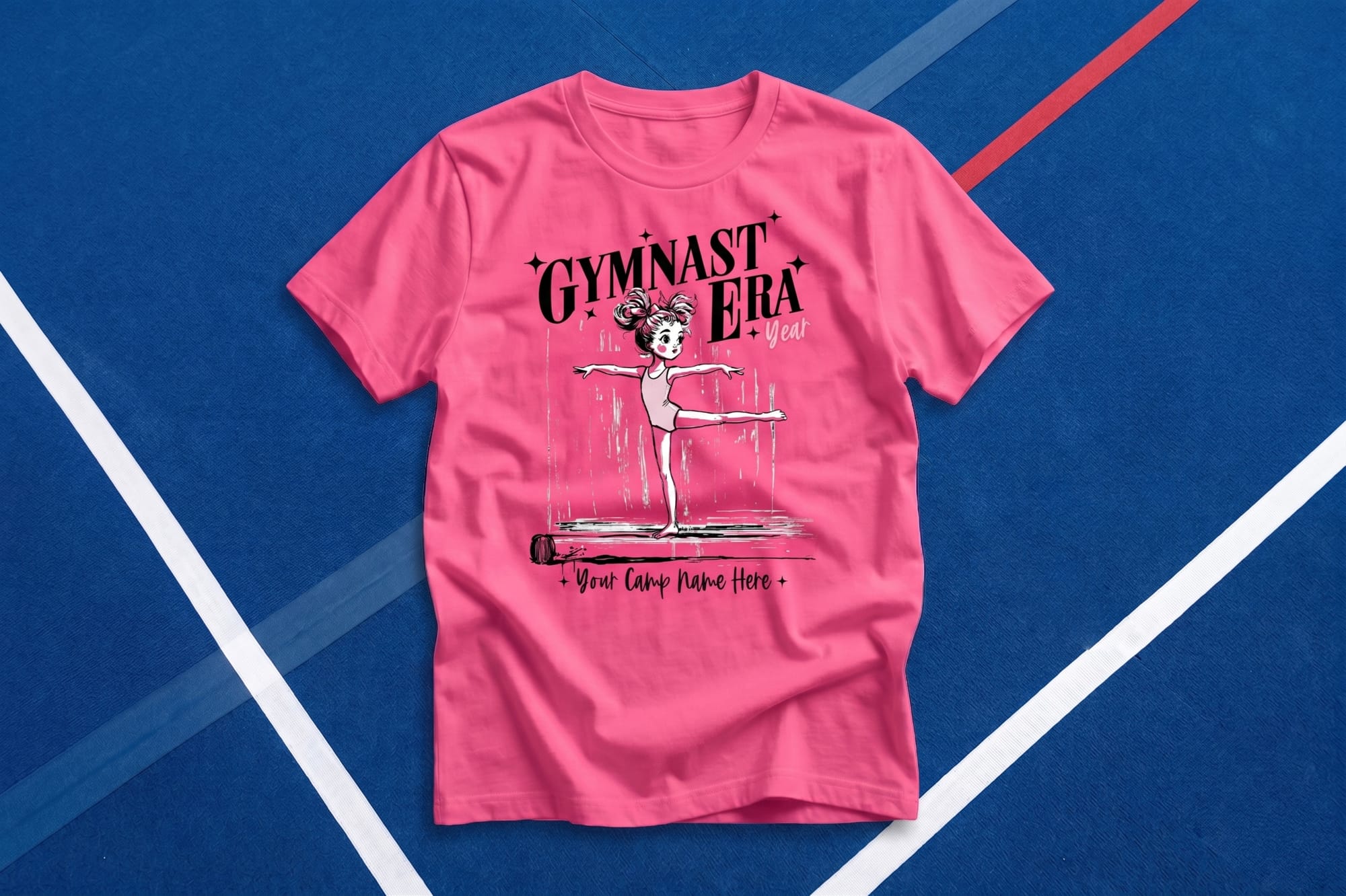 Pink crewneck tee with a custom-printed 'Gymnast Era' design featuring a cartoon girl on a balance beam