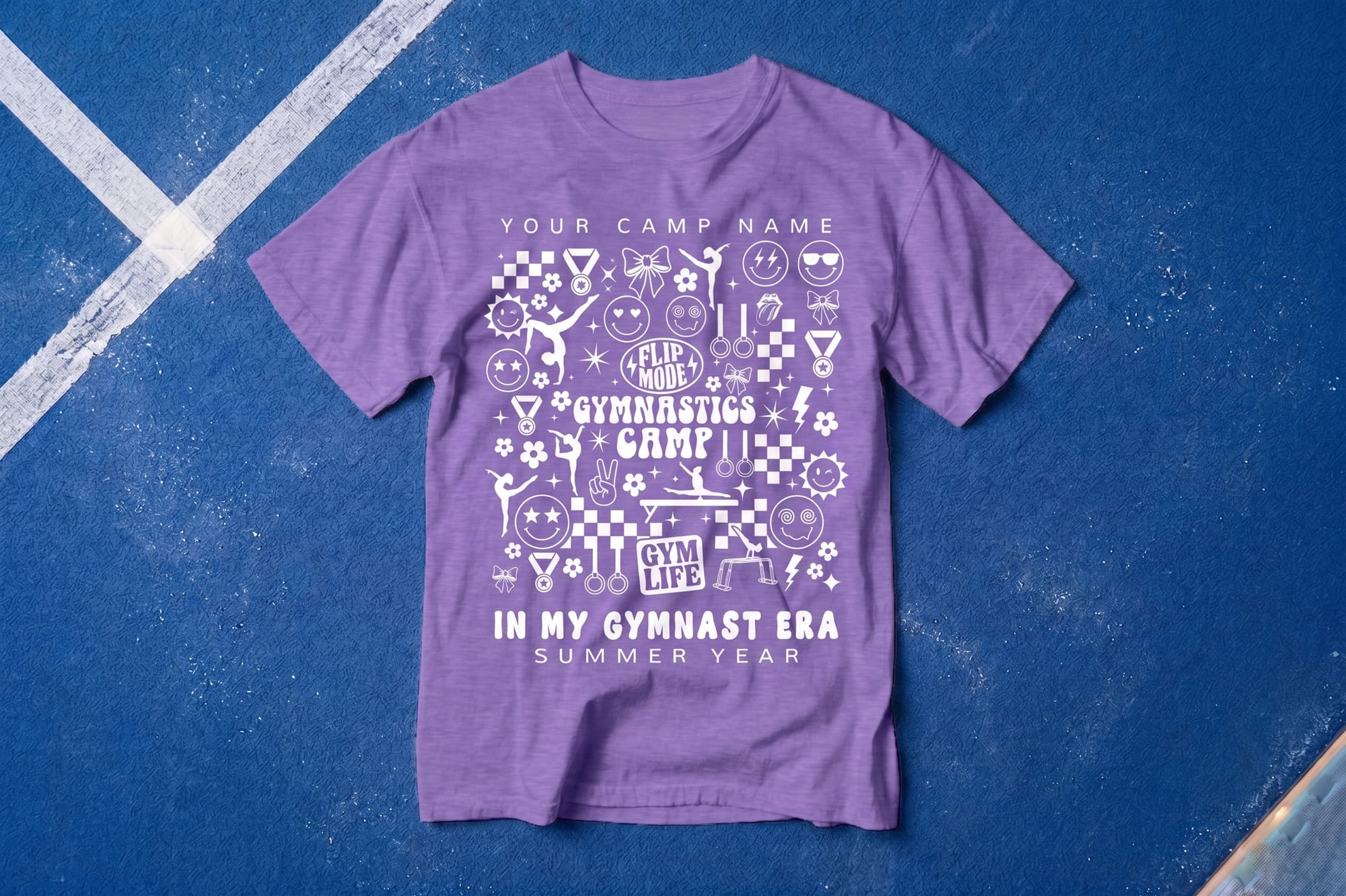 Heather purple custom gymnastics camp t-shirt with retro white screen-printed 'In My Gymnast Era' design