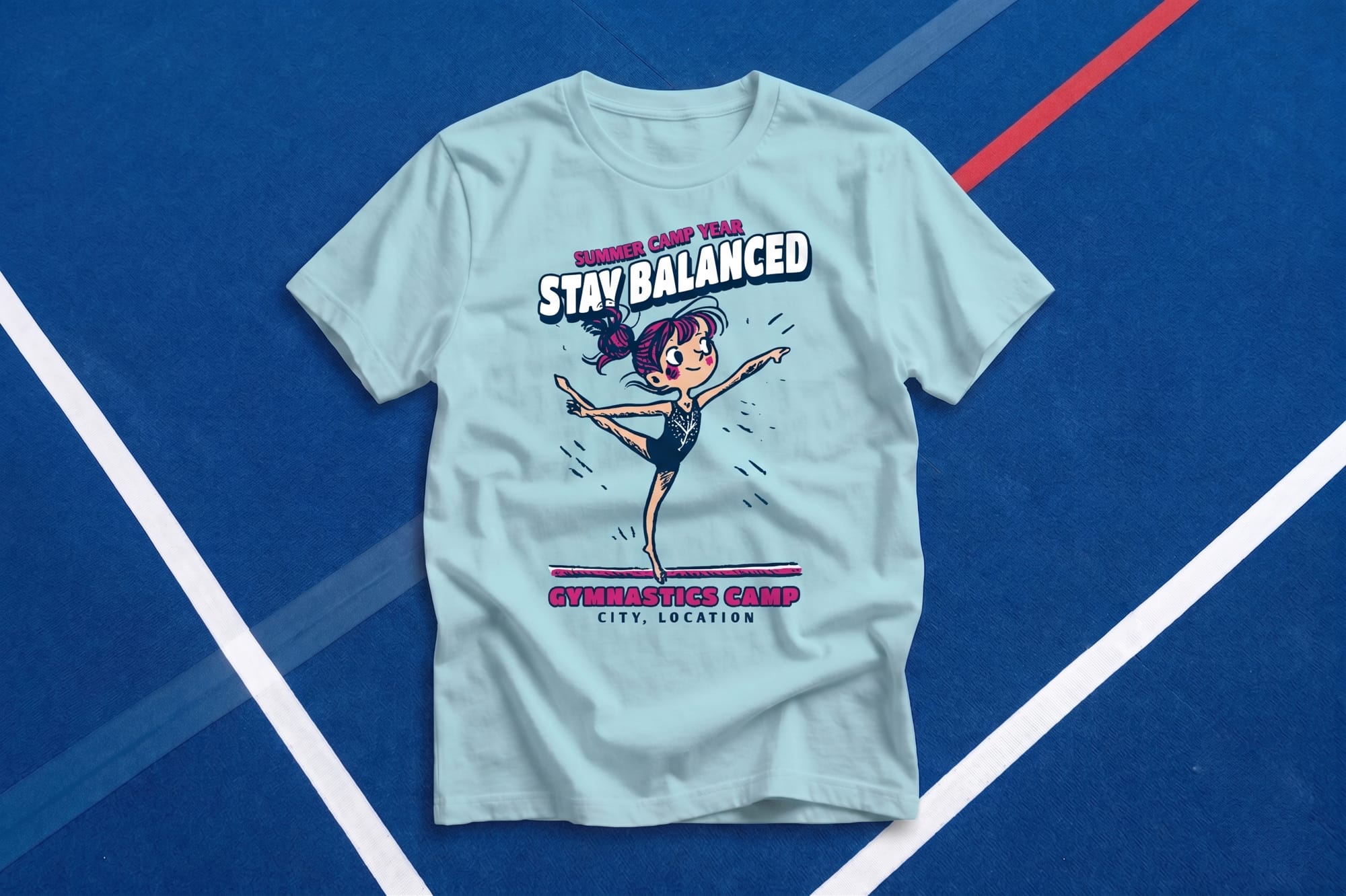 Light blue custom gymnastics camp t-shirt with a cartoon gymnast and 'Stay Balanced' screen-printed design