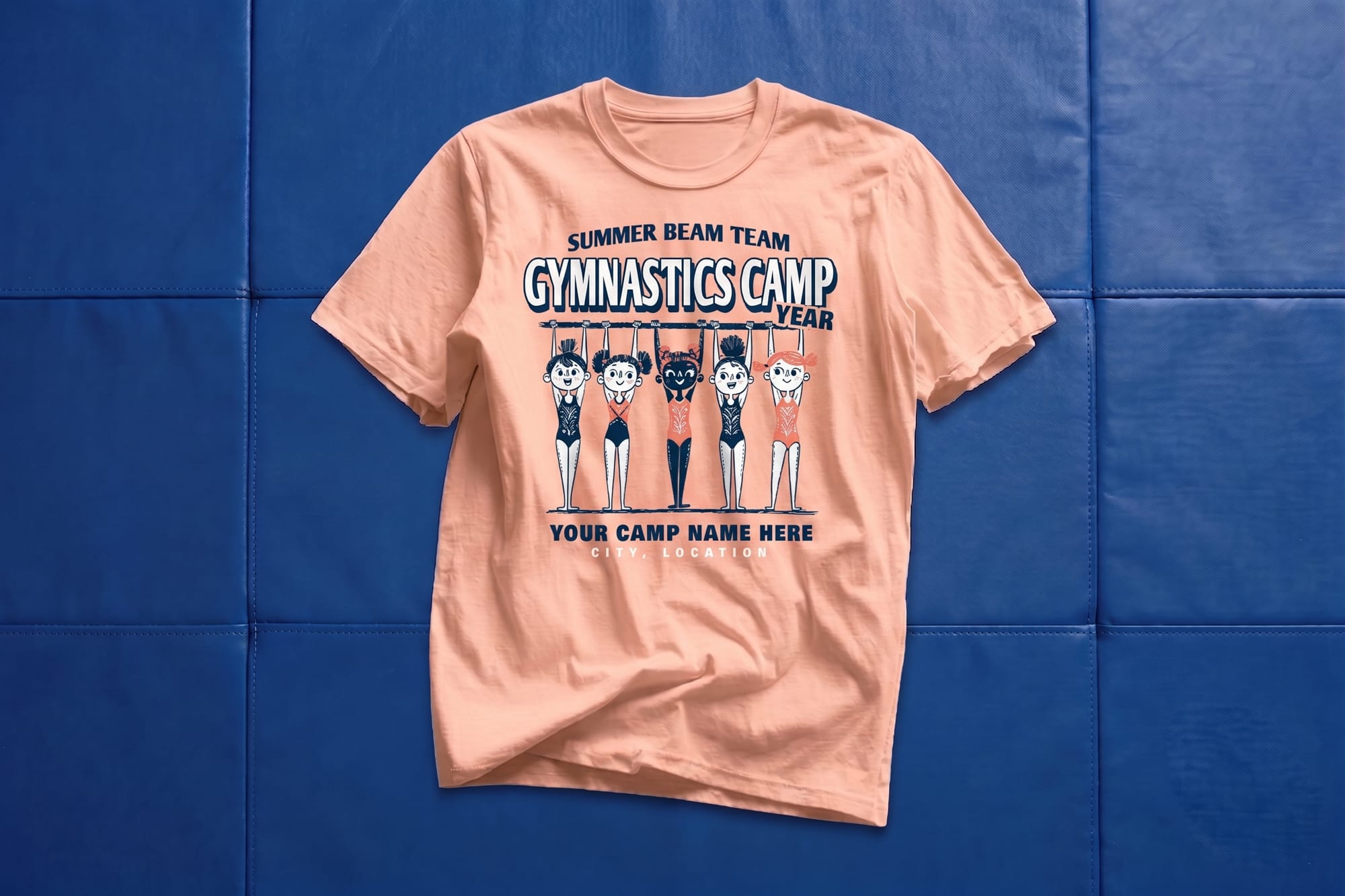 Peach crewneck tee with a custom-printed gymnastics camp design featuring cartoon gymnasts on a bar