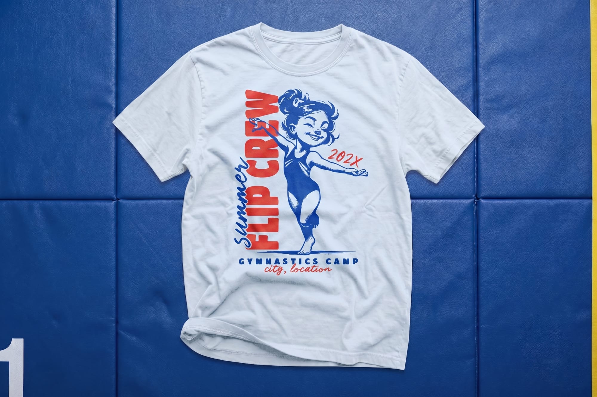 White crewneck tee with a retro-illustrated gymnast and 'Summer Flip Crew Gymnastics Camp' screen-printed design in red and blue