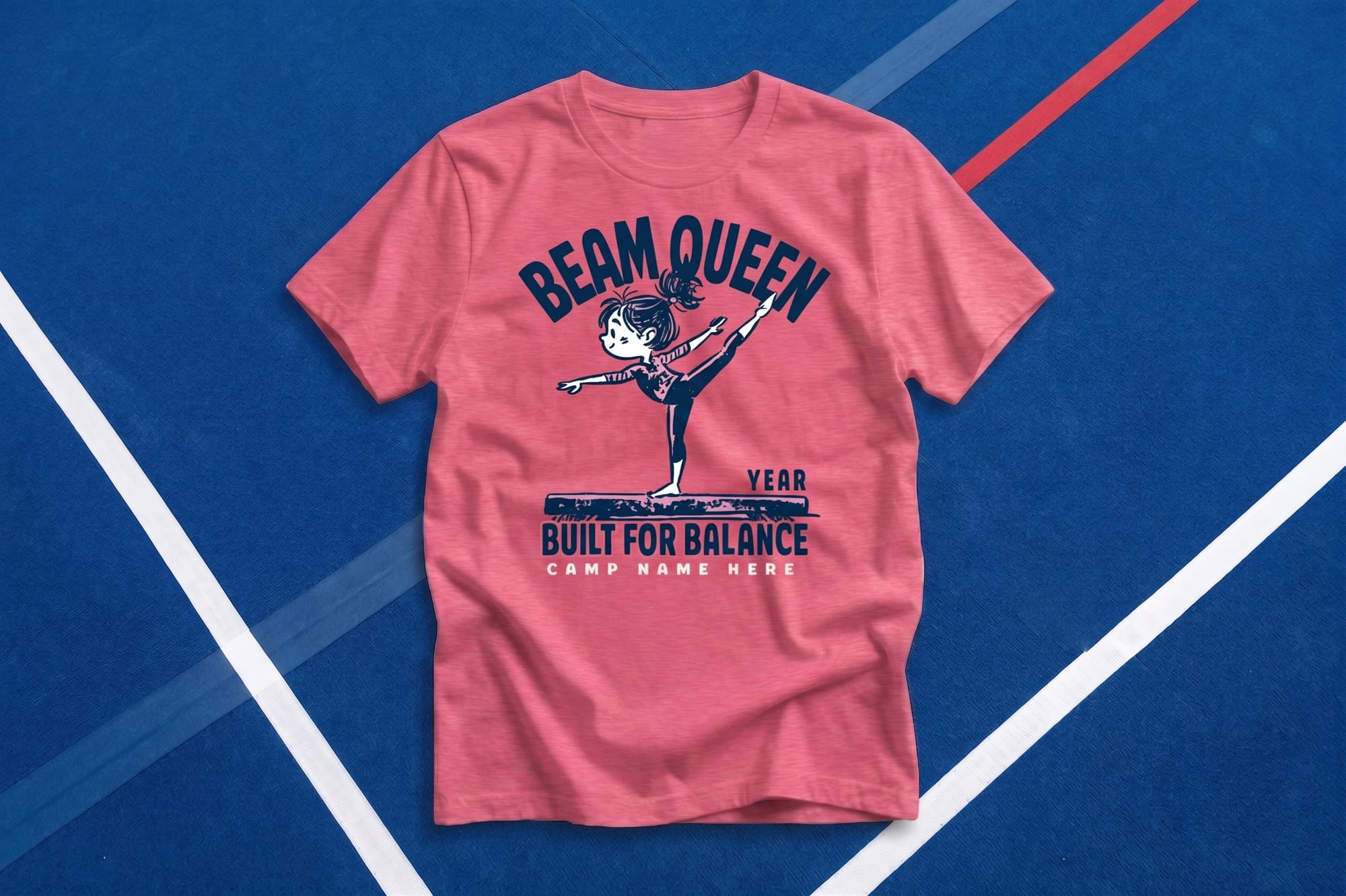 Coral custom gymnastics camp t-shirt with navy 'Beam Queen – Built for Balance' screen-printed design and cartoon gymnast on a balance beam