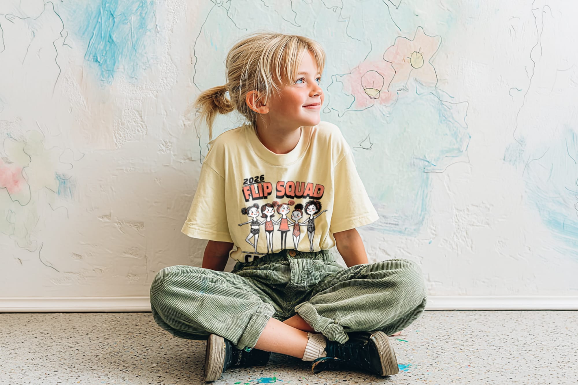 Child wearing a light yellow custom kids' t-shirt with a '2026 Flip Squad' gymnastics team design across the chest
