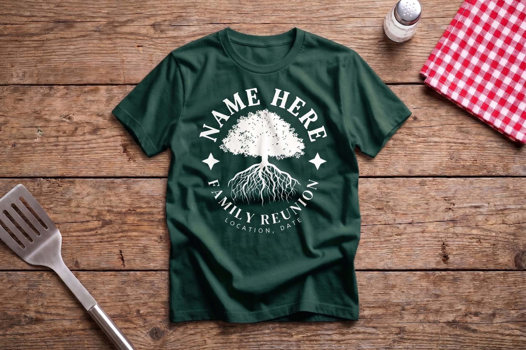 Forest green crewneck t-shirt with a white family reunion tree design, customizable name, location, and date fields