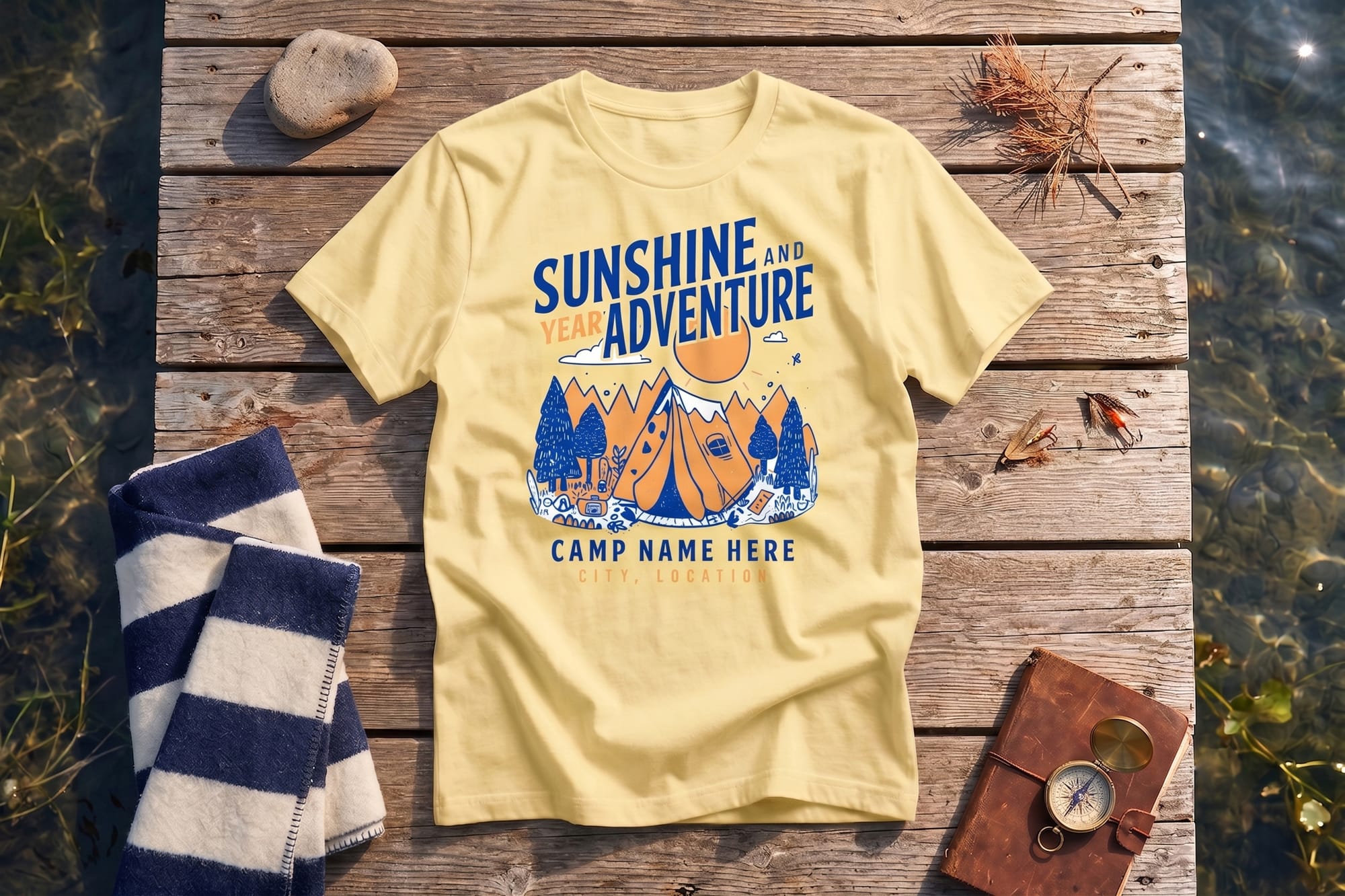 Yellow custom camp t-shirt flatlay with a screen-printed outdoor illustration and 'Sunshine and Adventure' text