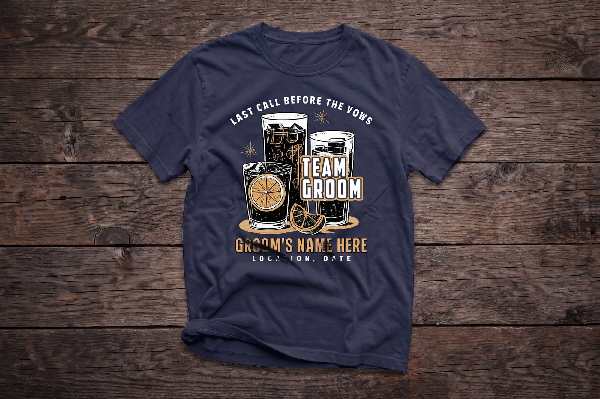 Navy custom bachelor party t-shirt with cocktail graphic and 'Last Call Before the Vows — Team Groom' design