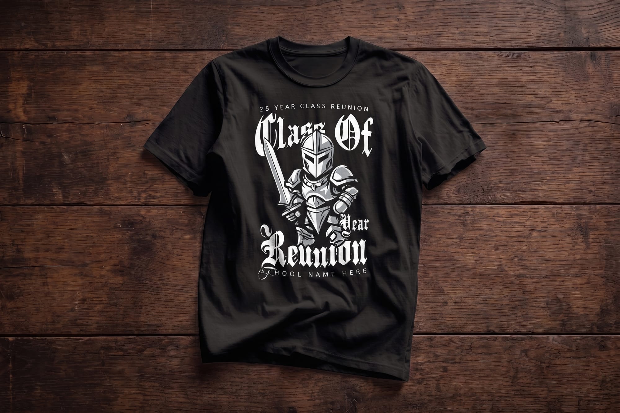 Black crewneck t-shirt with a white knight mascot graphic and gothic-script '25 Year Class Reunion' custom print